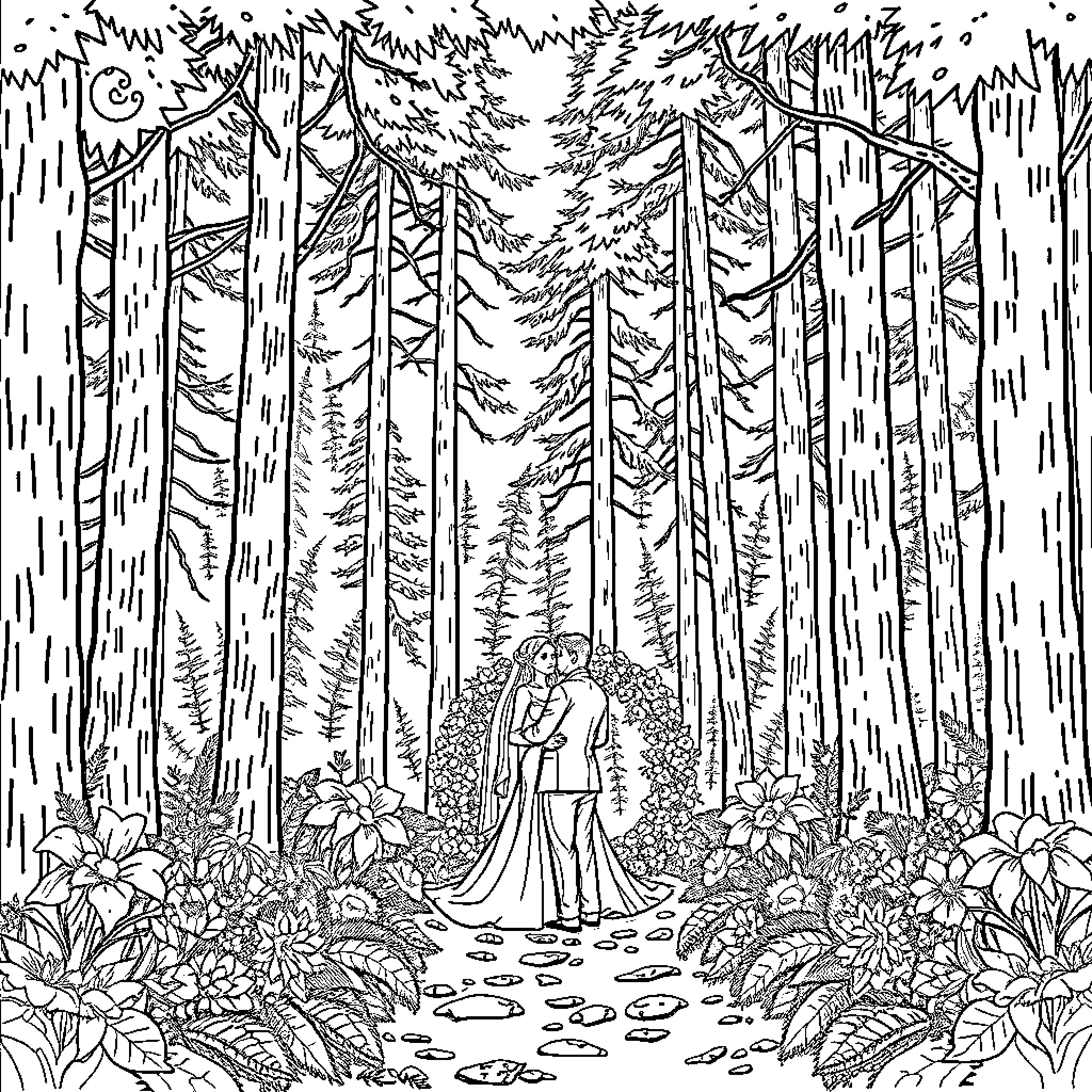Wedding in a Enchanting Forest Landscape Coloring Page (free black-and-white line drawing printable PDF for all, from beginners to advanced learners, including children, teens, adults, and seniors)