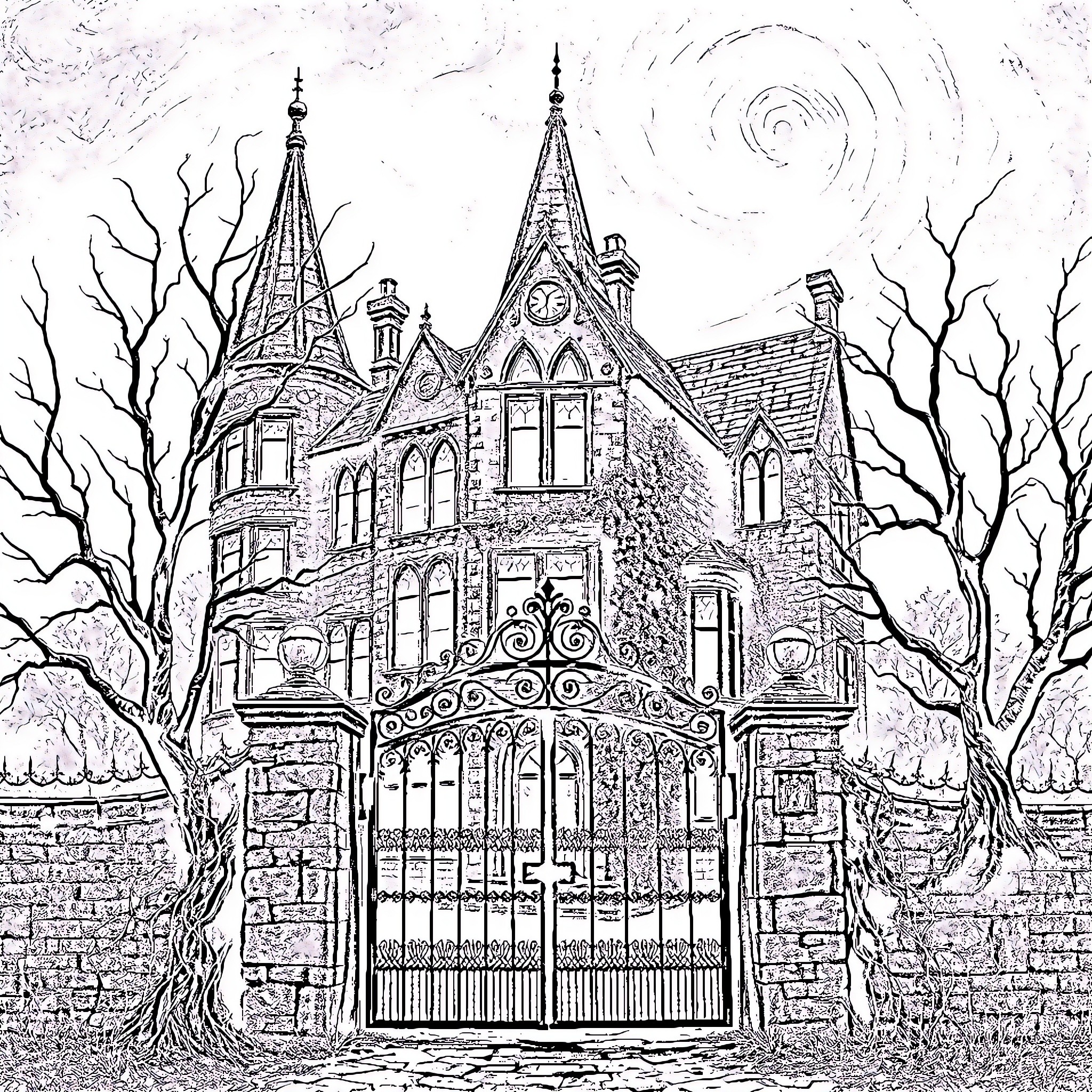 Manor with Ornate Architecture and Gated Entrance Coloring Page (free black-and-white line drawing printable PDF for all, from beginners to advanced learners, including children, teens, adults, and seniors)