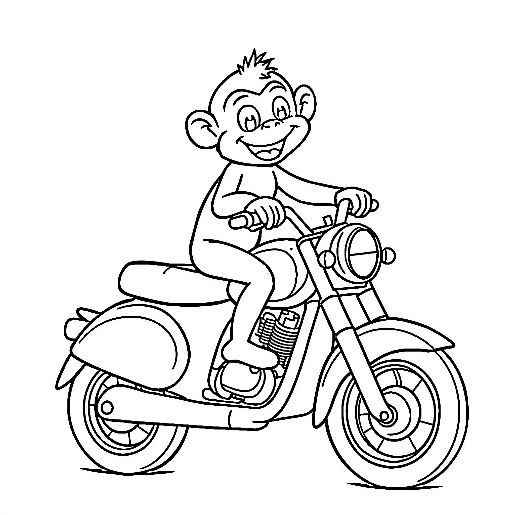 Motorcycle ridden by a cheerful cartoon character Coloring Page (free black-and-white line drawing printable PDF for all, from beginners to advanced learners, including children, teens, adults, and seniors)