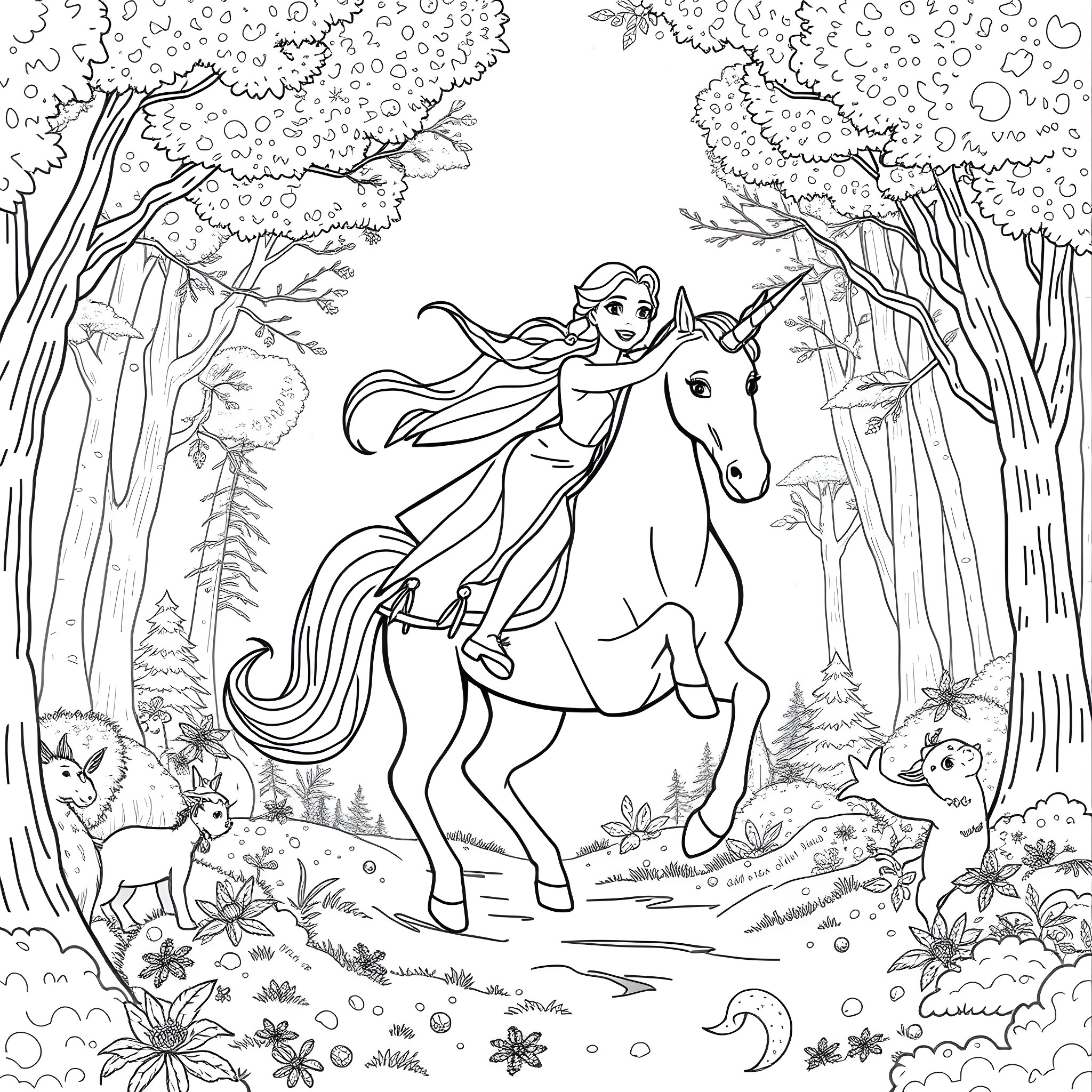 Elsa's Magical Forest Adventure on Horseback Coloring Page (free black-and-white line drawing printable PDF for all, from beginners to advanced learners, including children, teens, adults, and seniors)