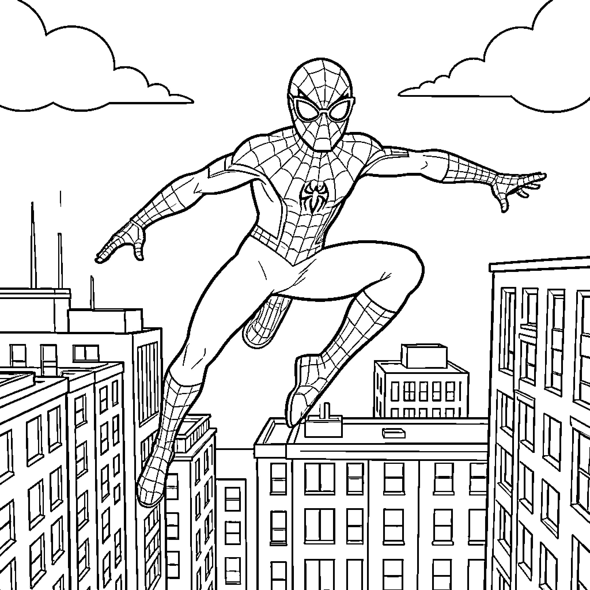 Spiderman swinging and leaping through a city skyline Coloring Page (free black-and-white line drawing printable PDF for all, from beginners to advanced learners, including children, teens, adults, and seniors)