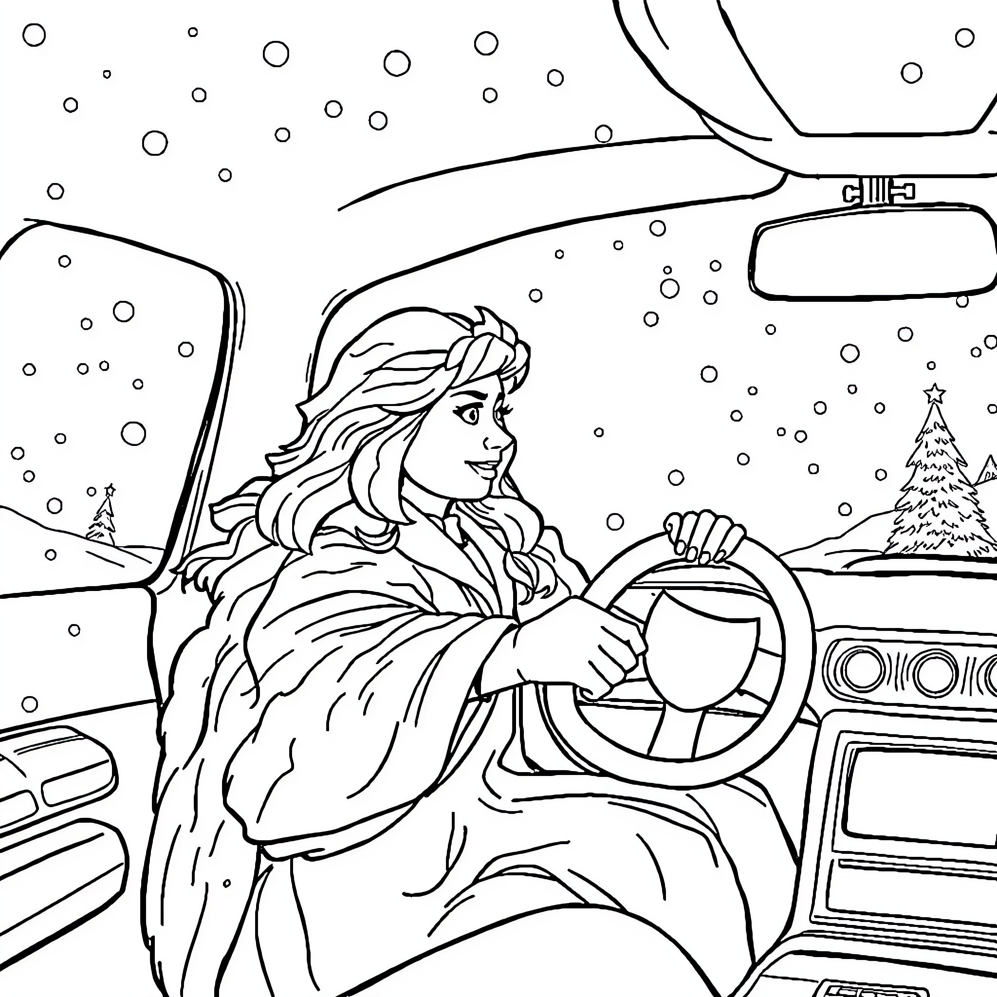 Queen Driving Through the Snowy Countryside Coloring Page (free black-and-white line drawing printable PDF for all, from beginners to advanced learners, including children, teens, adults, and seniors)