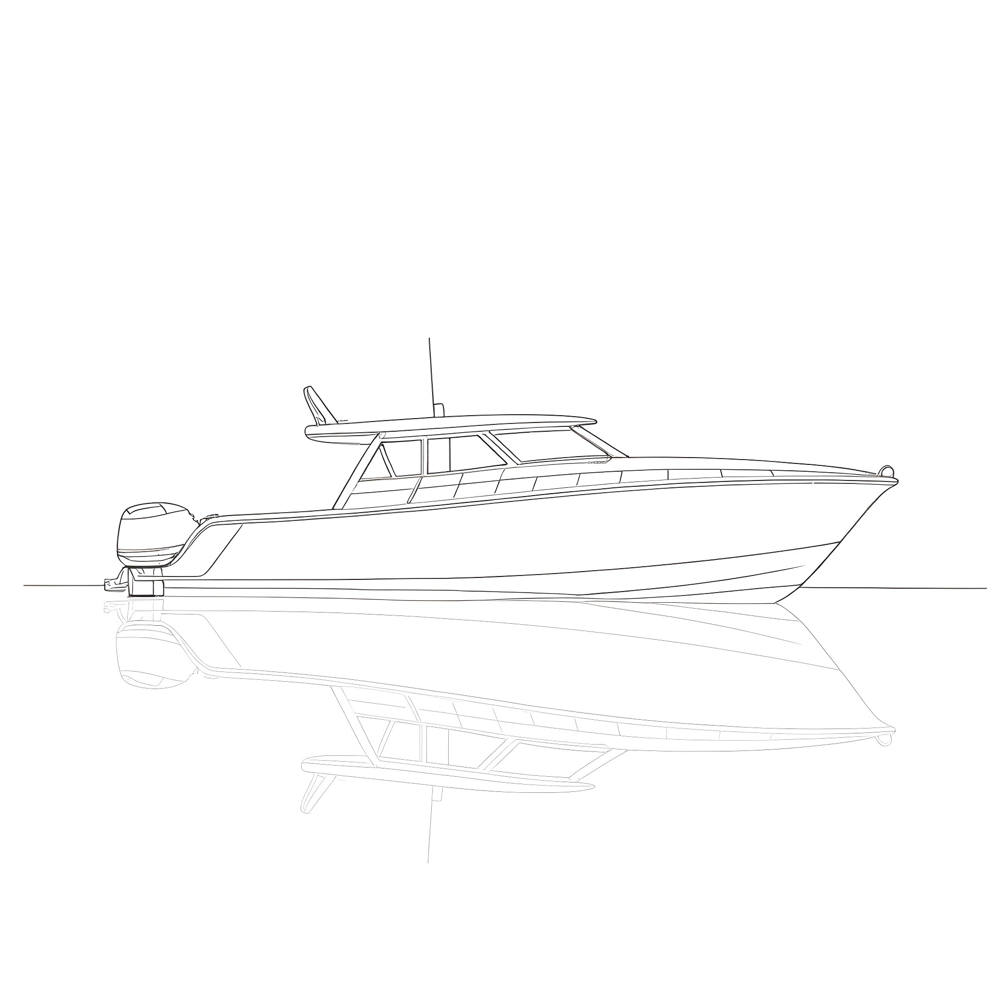 Motor Boat sailing smoothly on the water Coloring Page (free black-and-white line drawing printable PDF for all, from beginners to advanced learners, including children, teens, adults, and seniors)