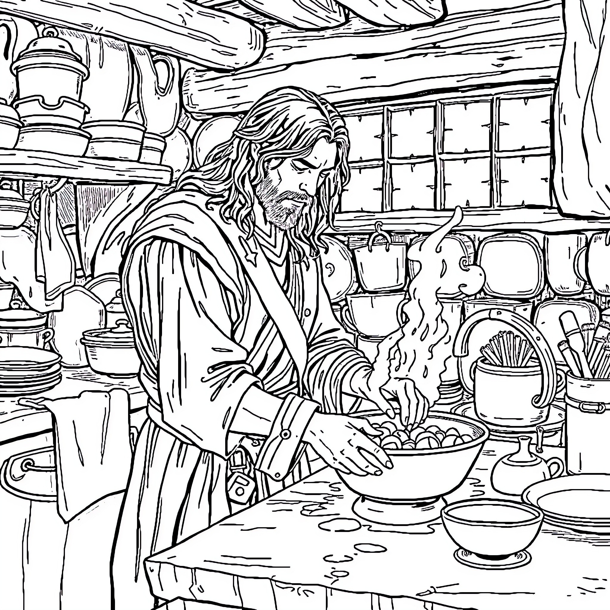 Aragorn preparing a meal in a cozy cabin Coloring Page (free black-and-white line drawing printable PDF for all, from beginners to advanced learners, including children, teens, adults, and seniors)
