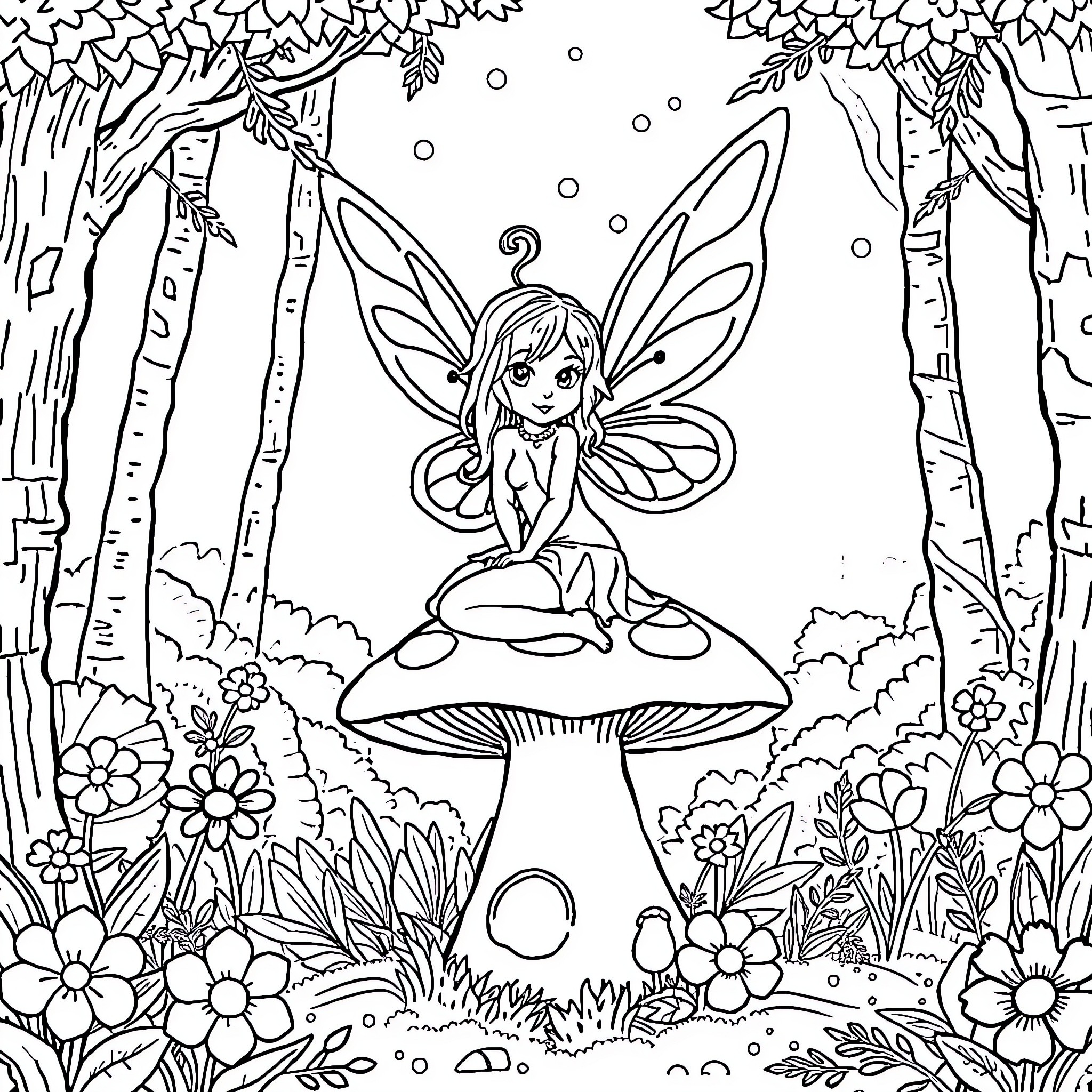 Fairy sitting in a magical forest Coloring Page (free black-and-white line drawing printable PDF for all, from beginners to advanced learners, including children, teens, adults, and seniors)
