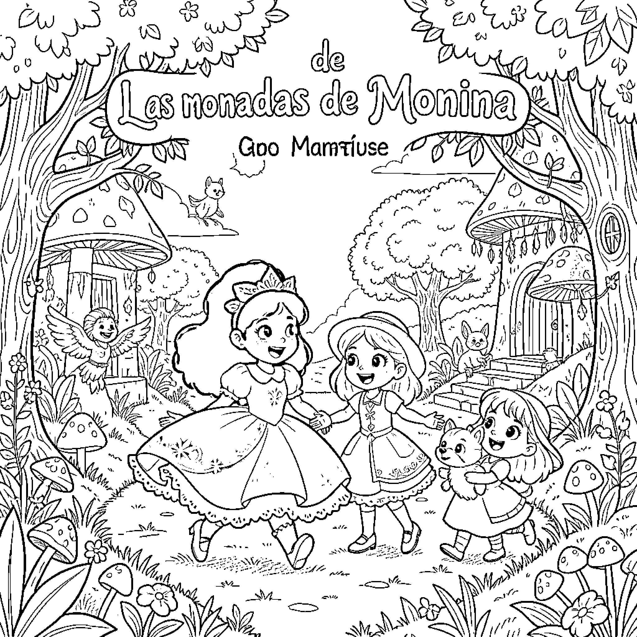 Monina's Enchanting Adventures in the Forest Coloring Page (free black-and-white line drawing printable PDF for all, from beginners to advanced learners, including children, teens, adults, and seniors)