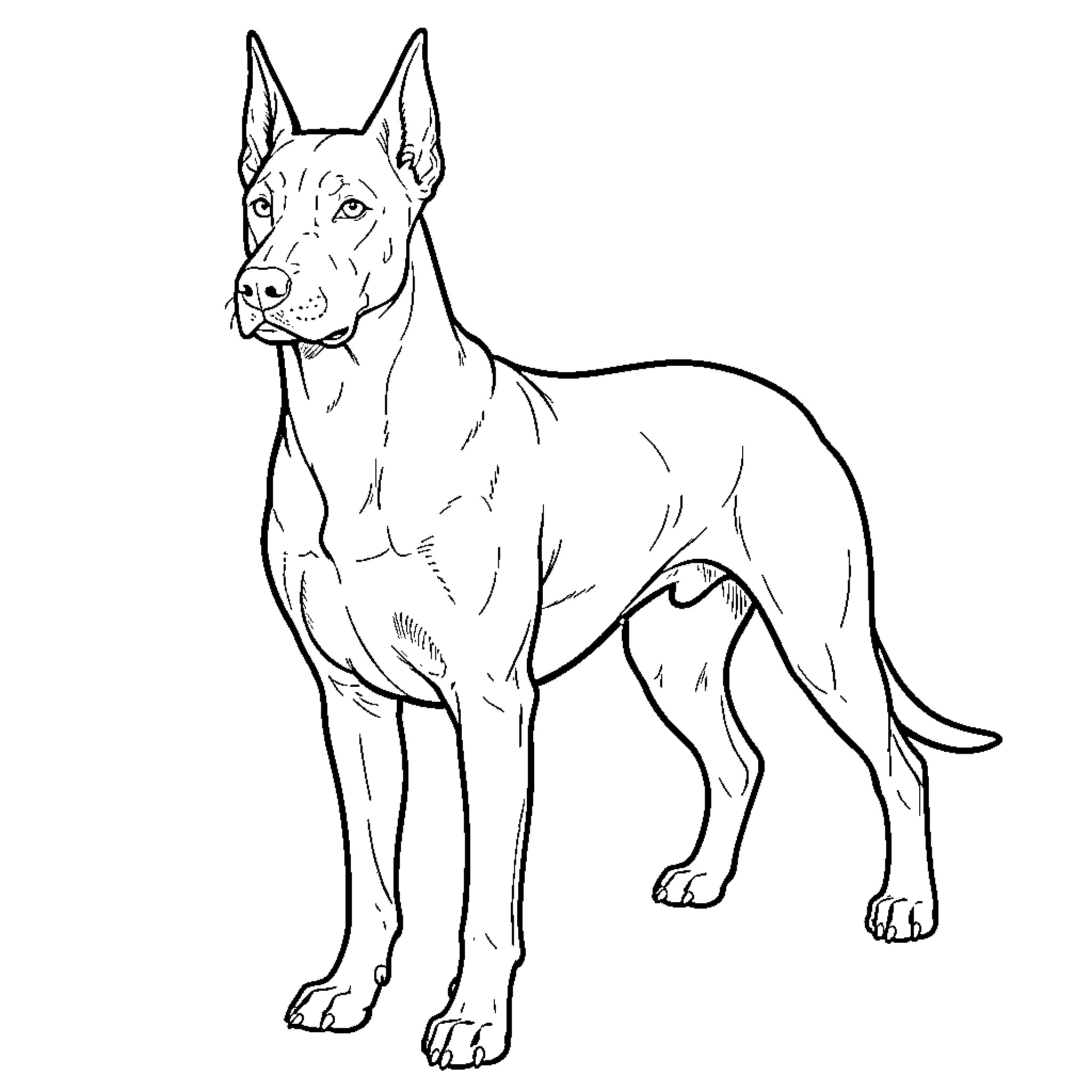 Doberman standing alert and looking to the side Coloring Page (free black-and-white line drawing printable PDF for all, from beginners to advanced learners, including children, teens, adults, and seniors)