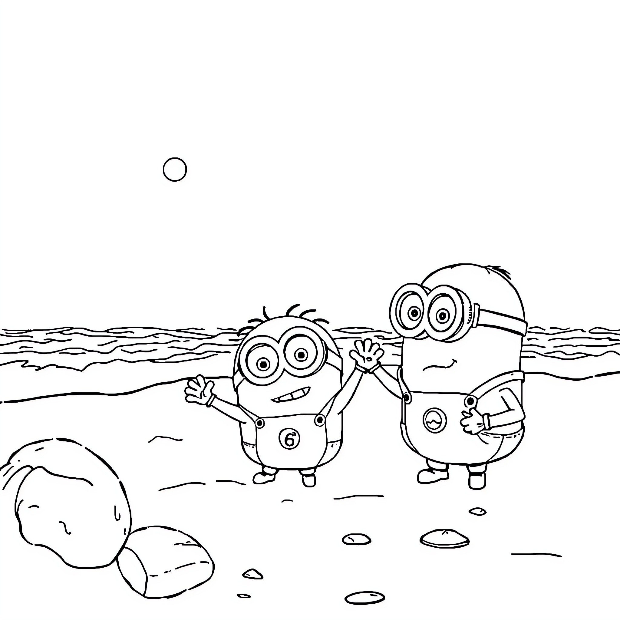 Minions playing on the beach Coloring Page (free black-and-white line drawing printable PDF for all, from beginners to advanced learners, including children, teens, adults, and seniors)