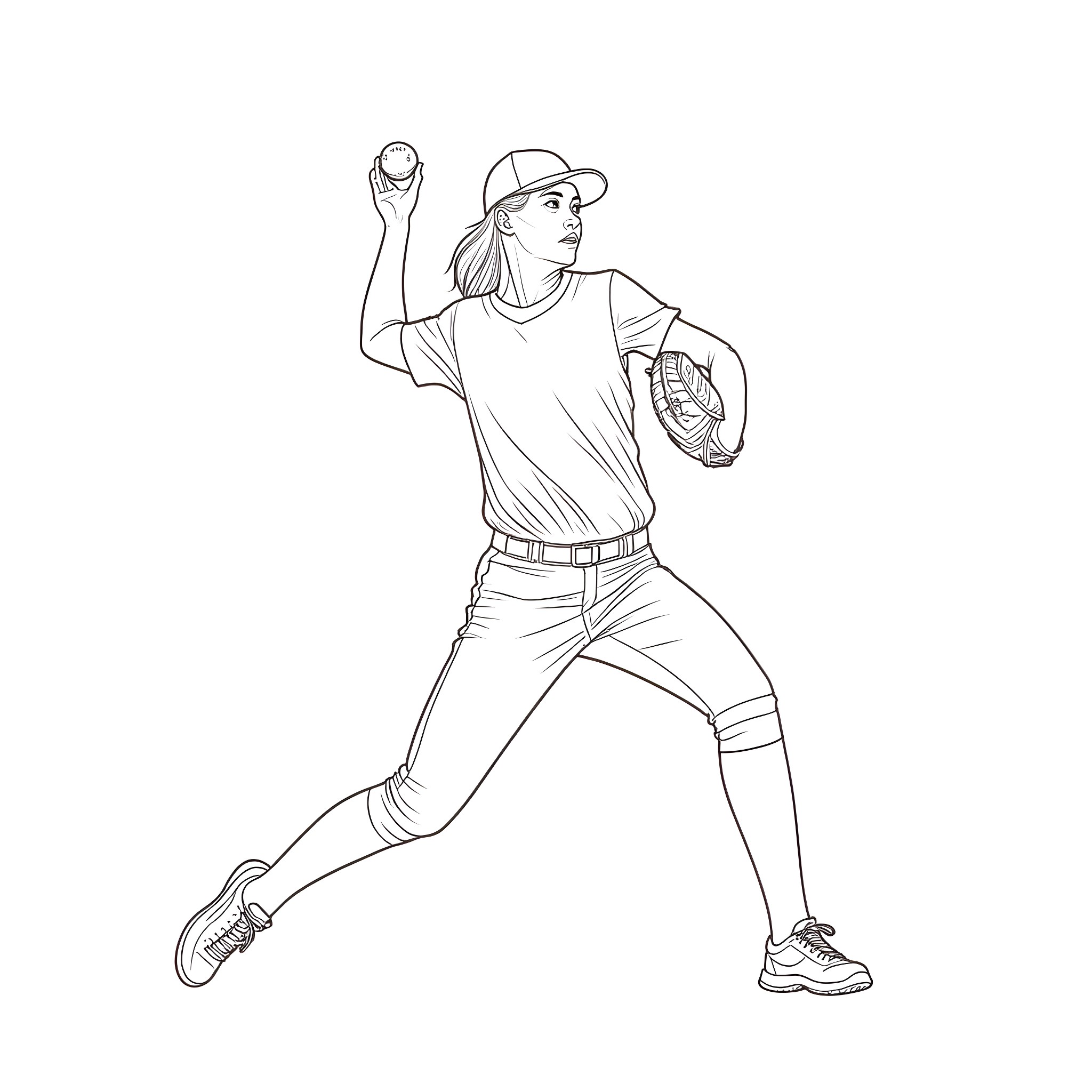 Softball player in dynamic pitching motion Coloring Page (free black-and-white line drawing printable PDF for all, from beginners to advanced learners, including children, teens, adults, and seniors)