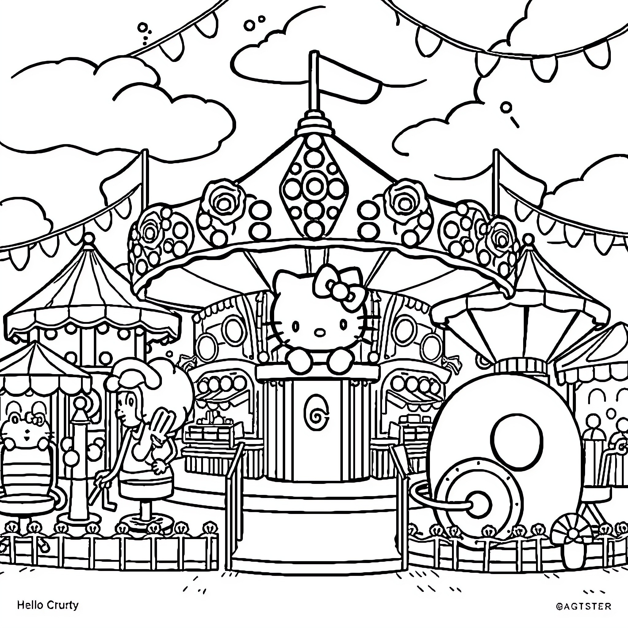 Hello Kitty at the Carnival Amusement Park Coloring Page (free black-and-white line drawing printable PDF for all, from beginners to advanced learners, including children, teens, adults, and seniors)