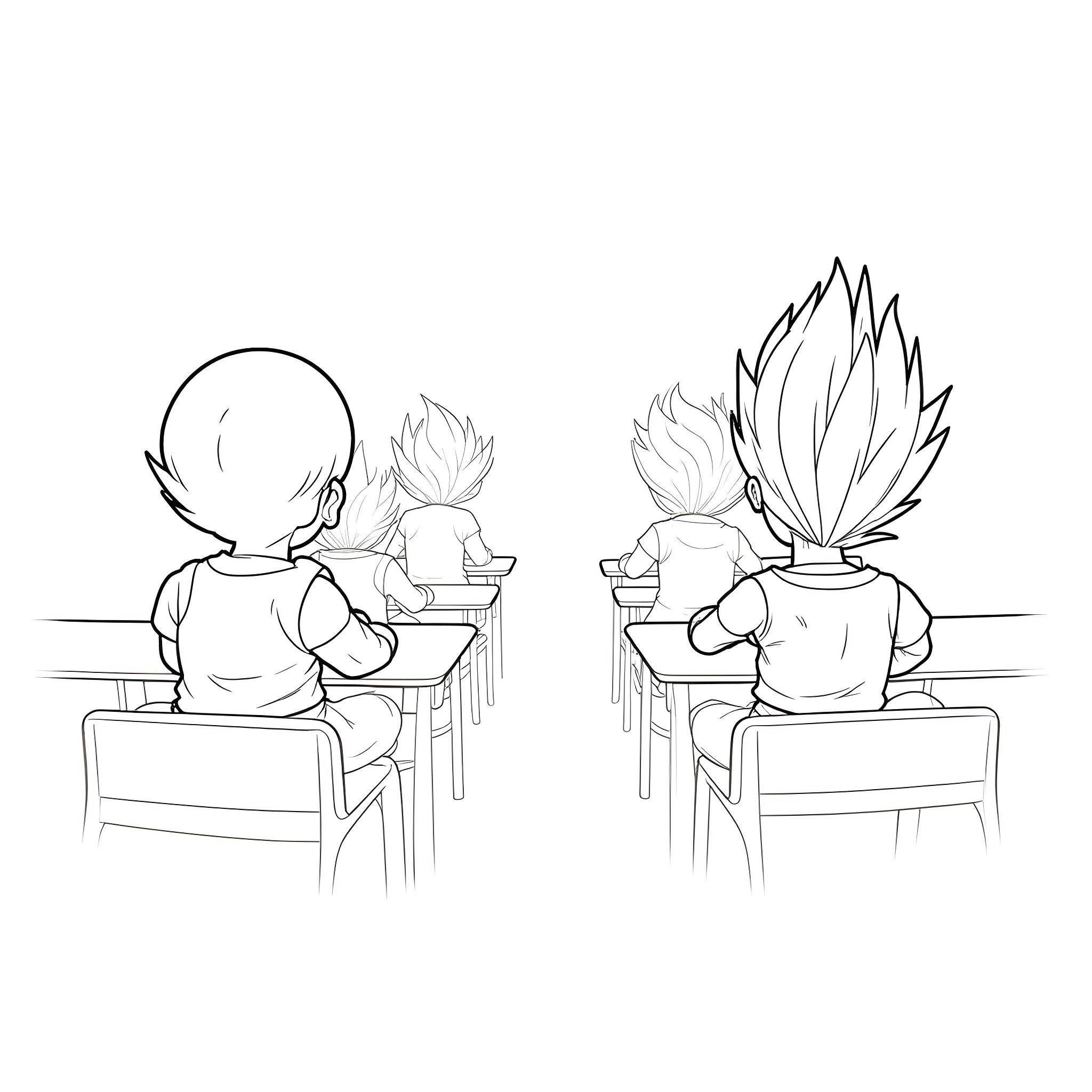 Dragonball Characters Studying Together in Classroom Coloring Page (free black-and-white line drawing printable PDF for all, from beginners to advanced learners, including children, teens, adults, and seniors)