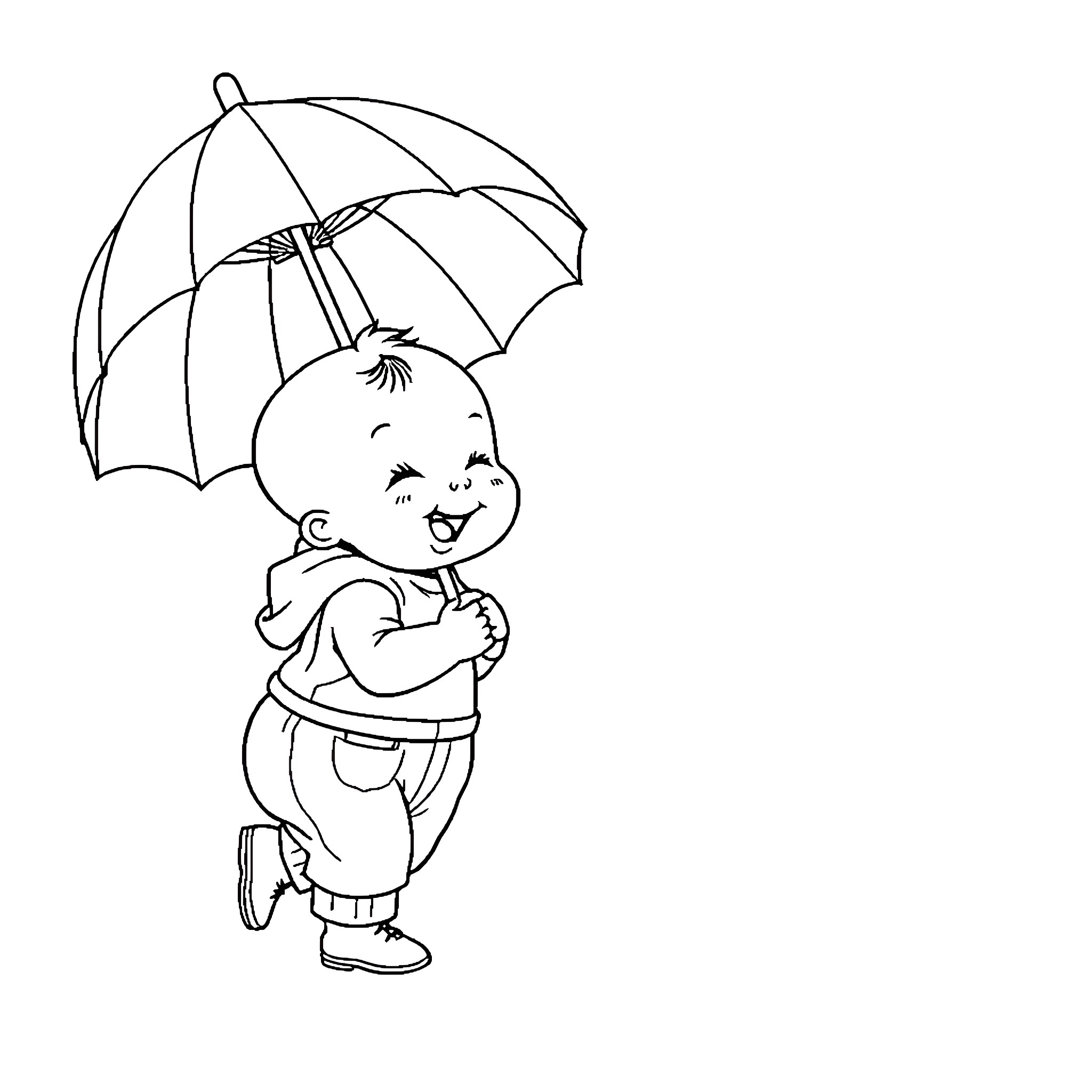 Baby walking joyfully with umbrella Coloring Page (free black-and-white line drawing printable PDF for all, from beginners to advanced learners, including children, teens, adults, and seniors)