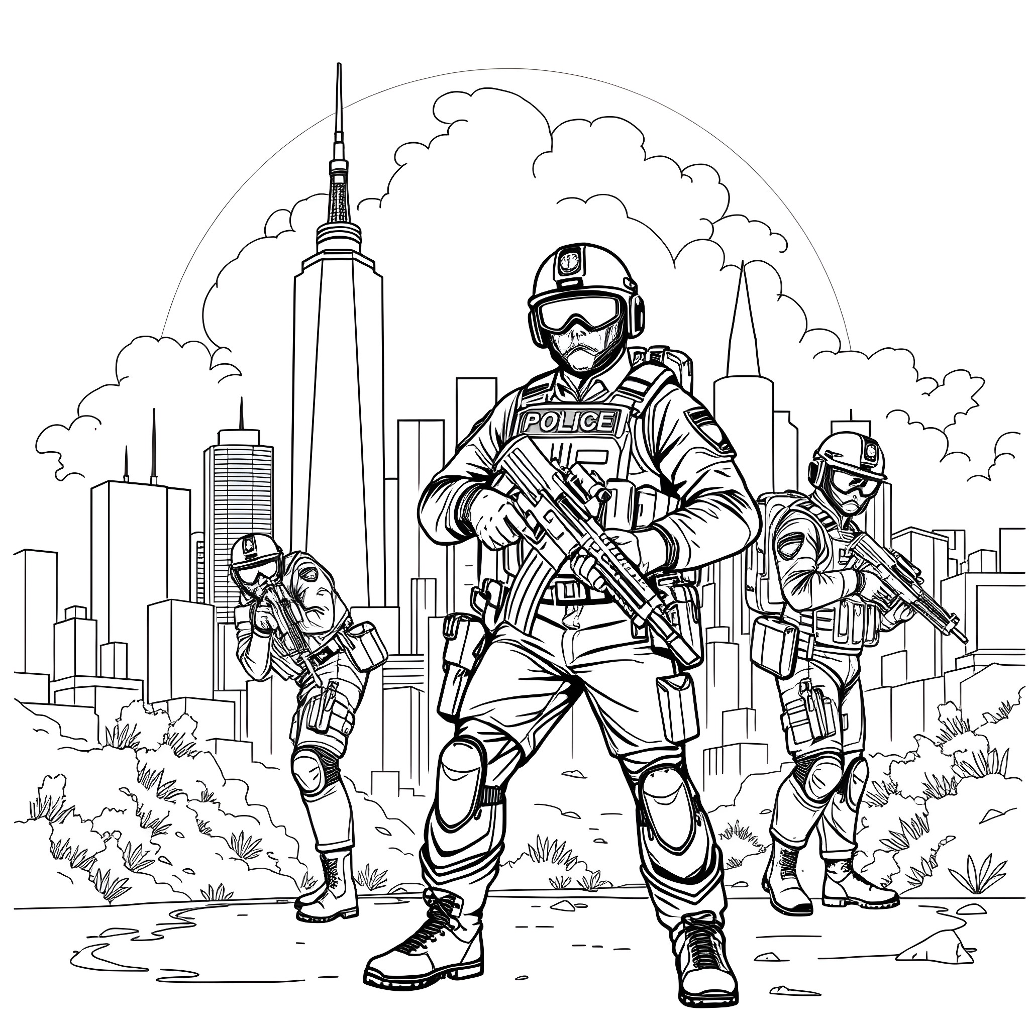 Police officers in action with city skyline Coloring Page (free black-and-white line drawing printable PDF for all, from beginners to advanced learners, including children, teens, adults, and seniors)