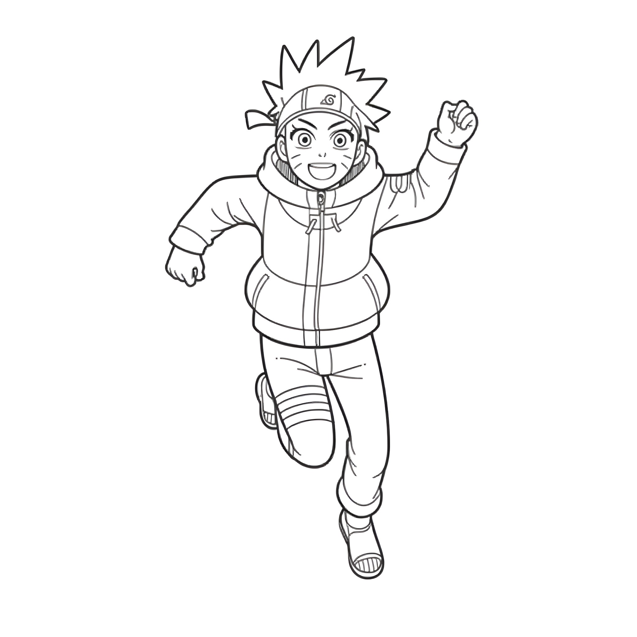Naruto running with enthusiasm and determination Coloring Page (free black-and-white line drawing printable PDF for all, from beginners to advanced learners, including children, teens, adults, and seniors)