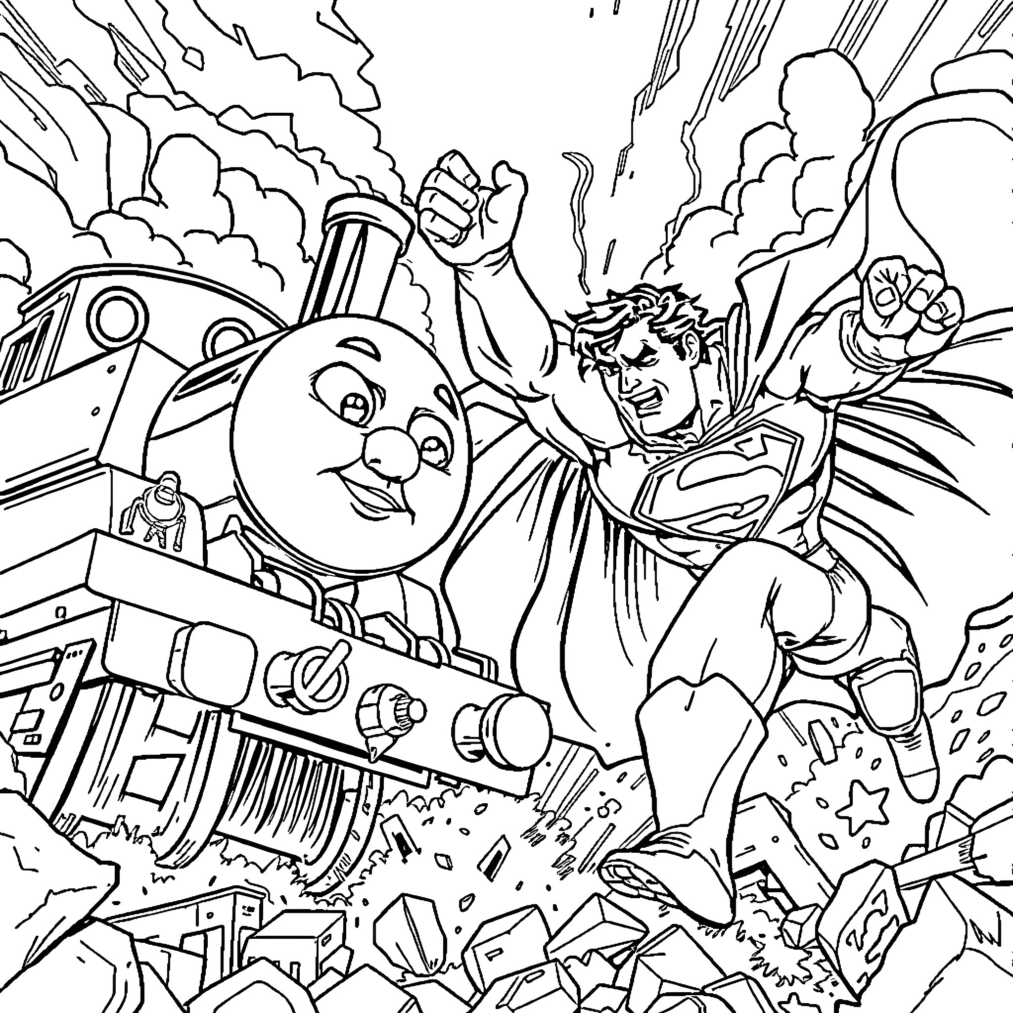 Thomas the Tank Engine Battles Heroic Superhero Coloring Page (free black-and-white line drawing printable PDF for all, from beginners to advanced learners, including children, teens, adults, and seniors)