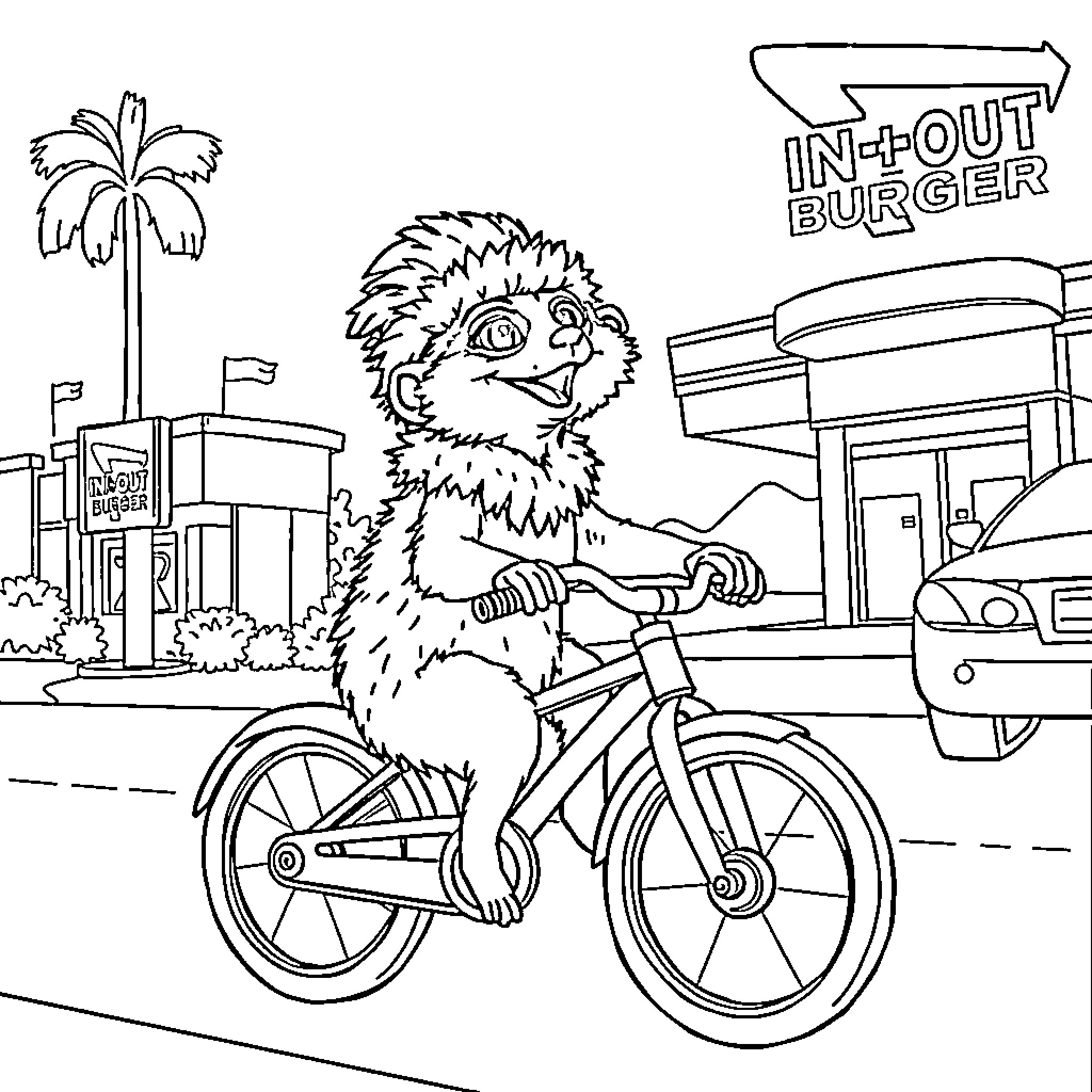 Meerkat riding bicycle near fast food restaurant Coloring Page (free black-and-white line drawing printable PDF for all, from beginners to advanced learners, including children, teens, adults, and seniors)