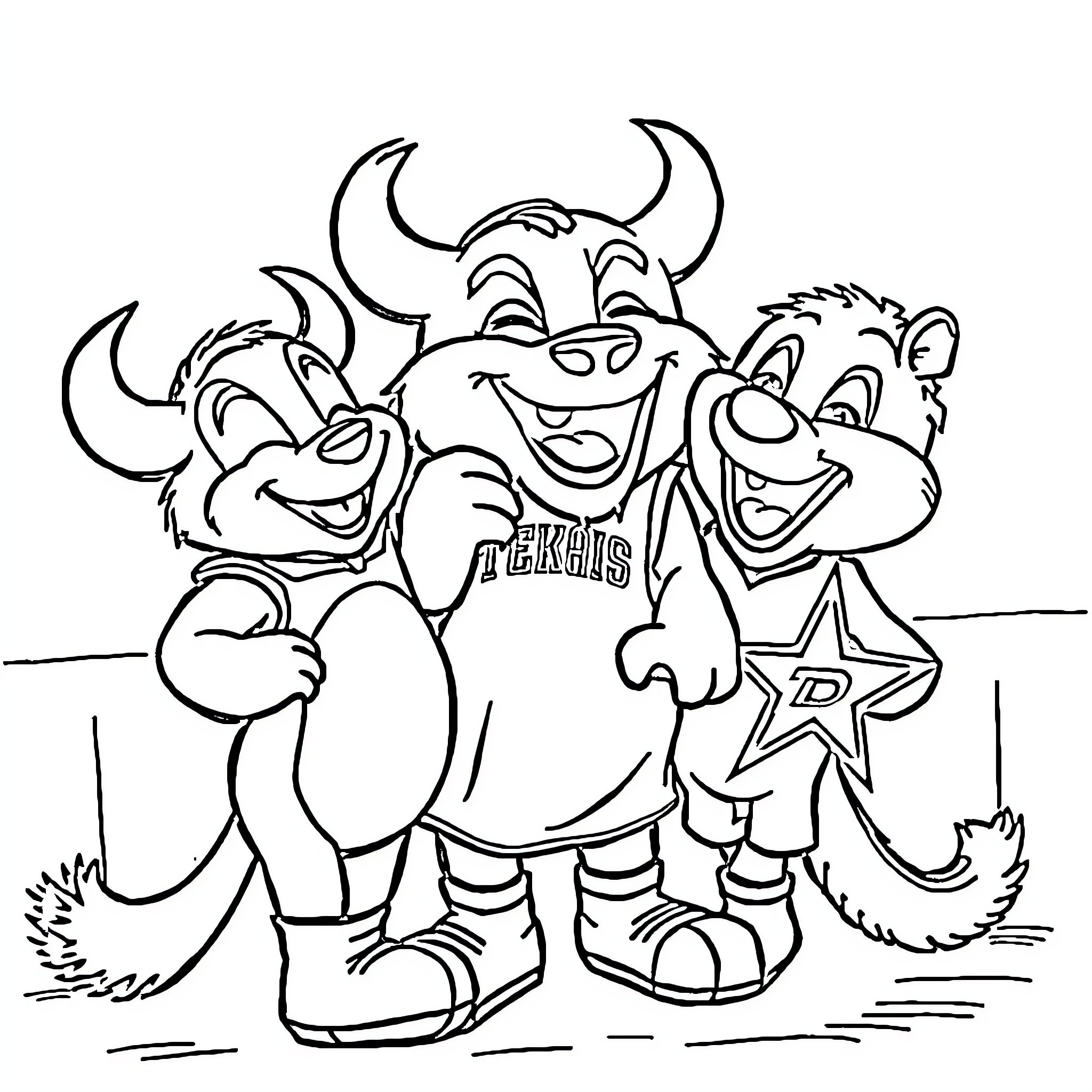 Mascot posing with cheerful companions Coloring Page (free black-and-white line drawing printable PDF for all, from beginners to advanced learners, including children, teens, adults, and seniors)
