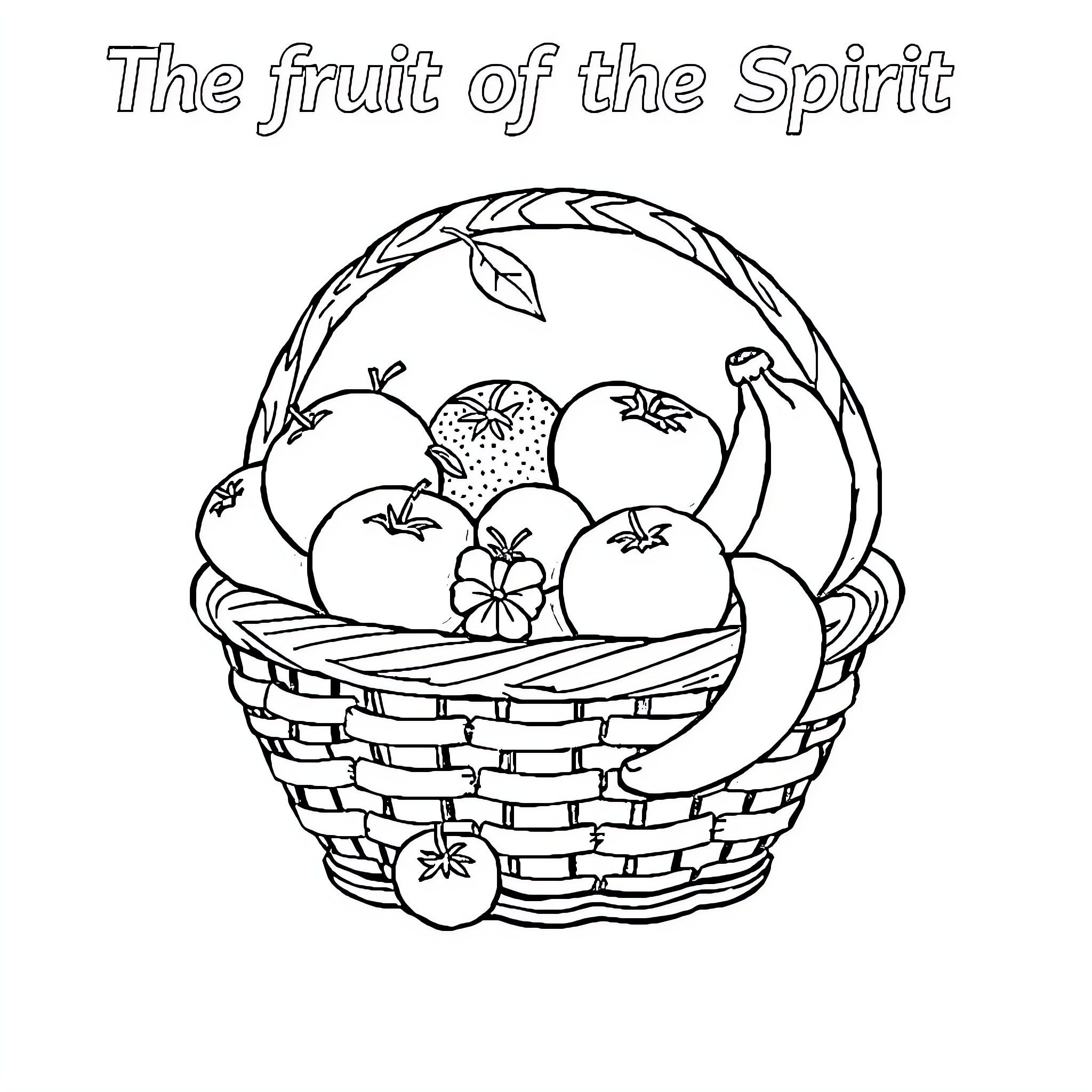 Fruit in a Woven Basket Coloring Page (free black-and-white line drawing printable PDF for all, from beginners to advanced learners, including children, teens, adults, and seniors)