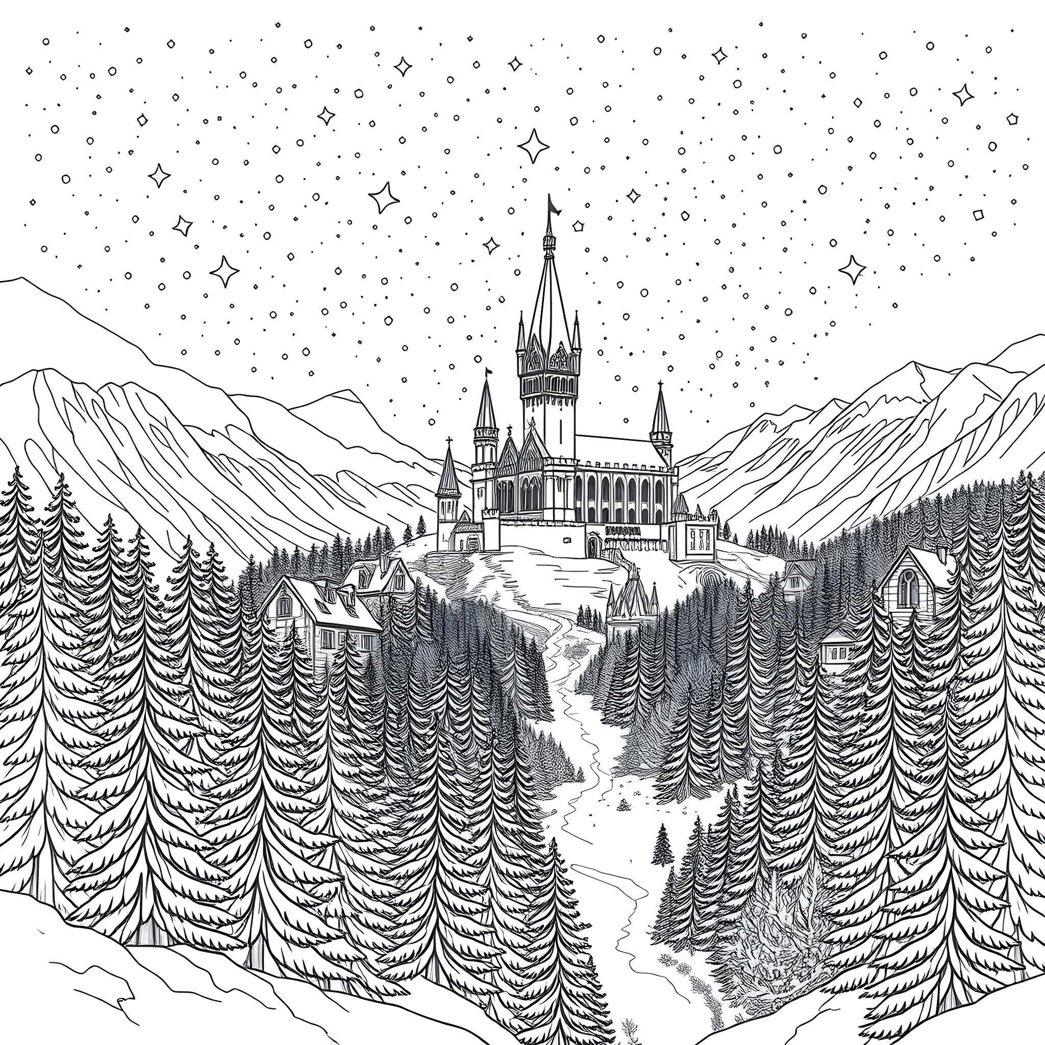 Narnia - Majestic castle in the snowy forest Coloring Page (free black-and-white line drawing printable PDF for all, from beginners to advanced learners, including children, teens, adults, and seniors)