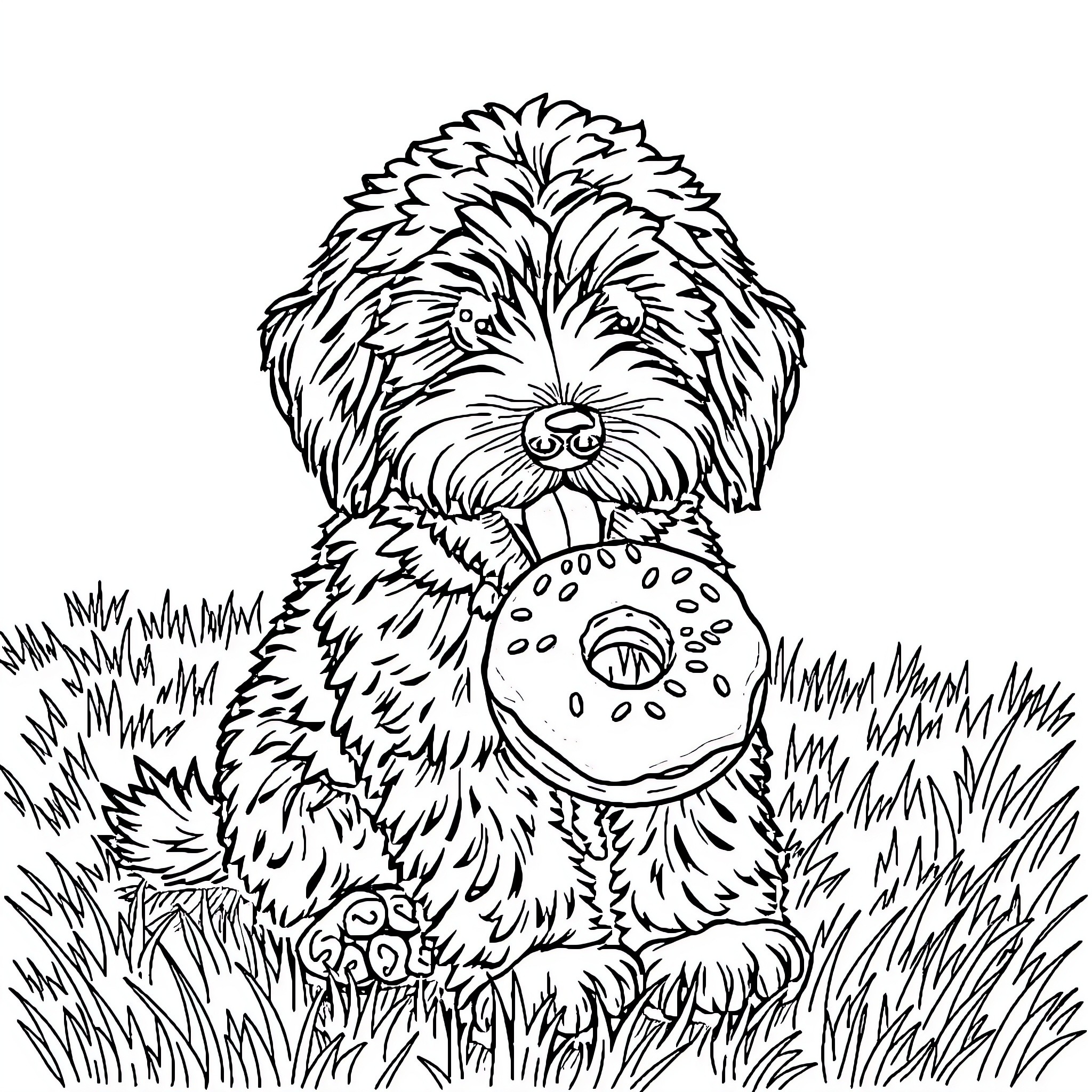 Labradoodle playing with a chew toy in the grass Coloring Page (free black-and-white line drawing printable PDF for all, from beginners to advanced learners, including children, teens, adults, and seniors)