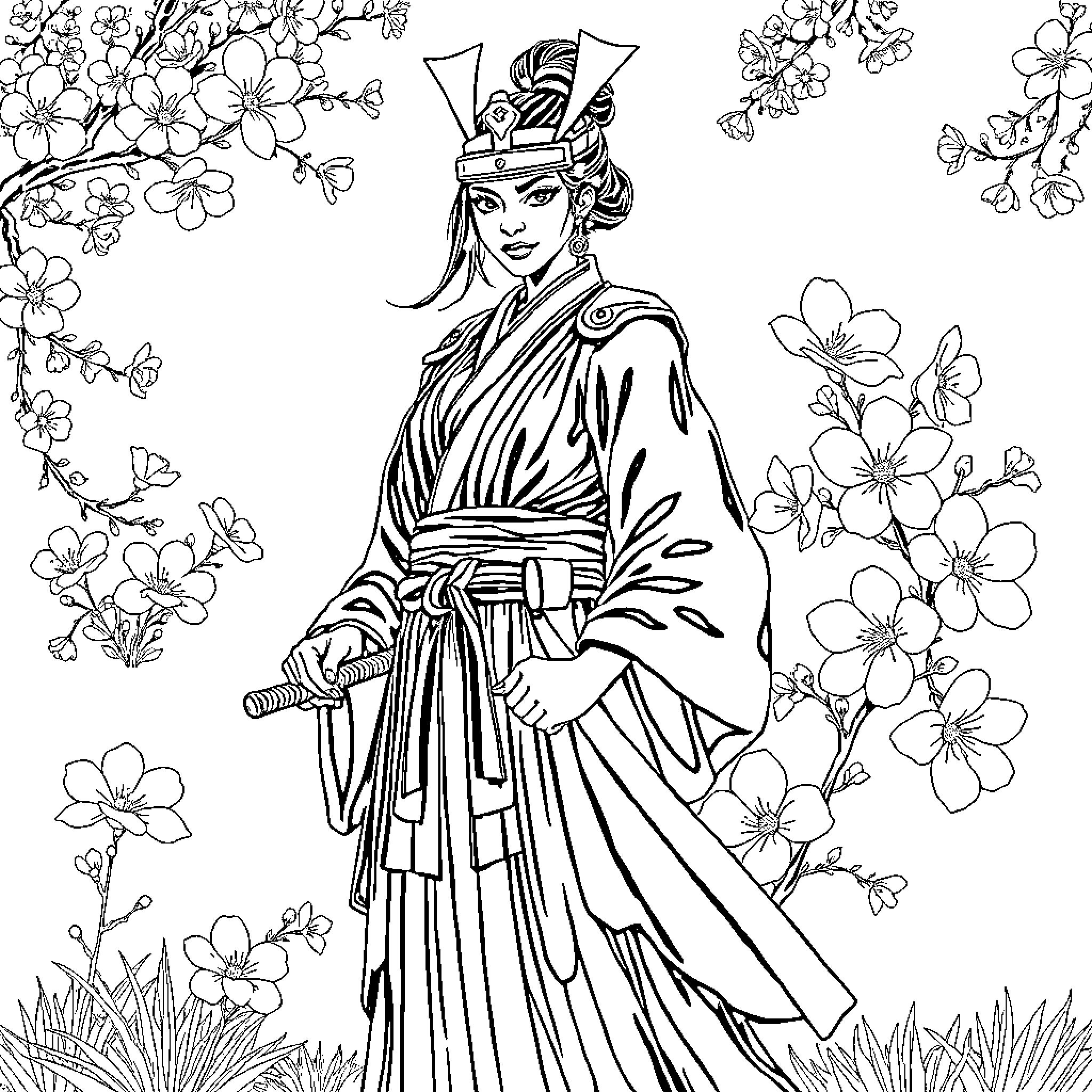 Samurai Warrior Amid Blooming Flowers Coloring Page (free black-and-white line drawing printable PDF for all, from beginners to advanced learners, including children, teens, adults, and seniors)
