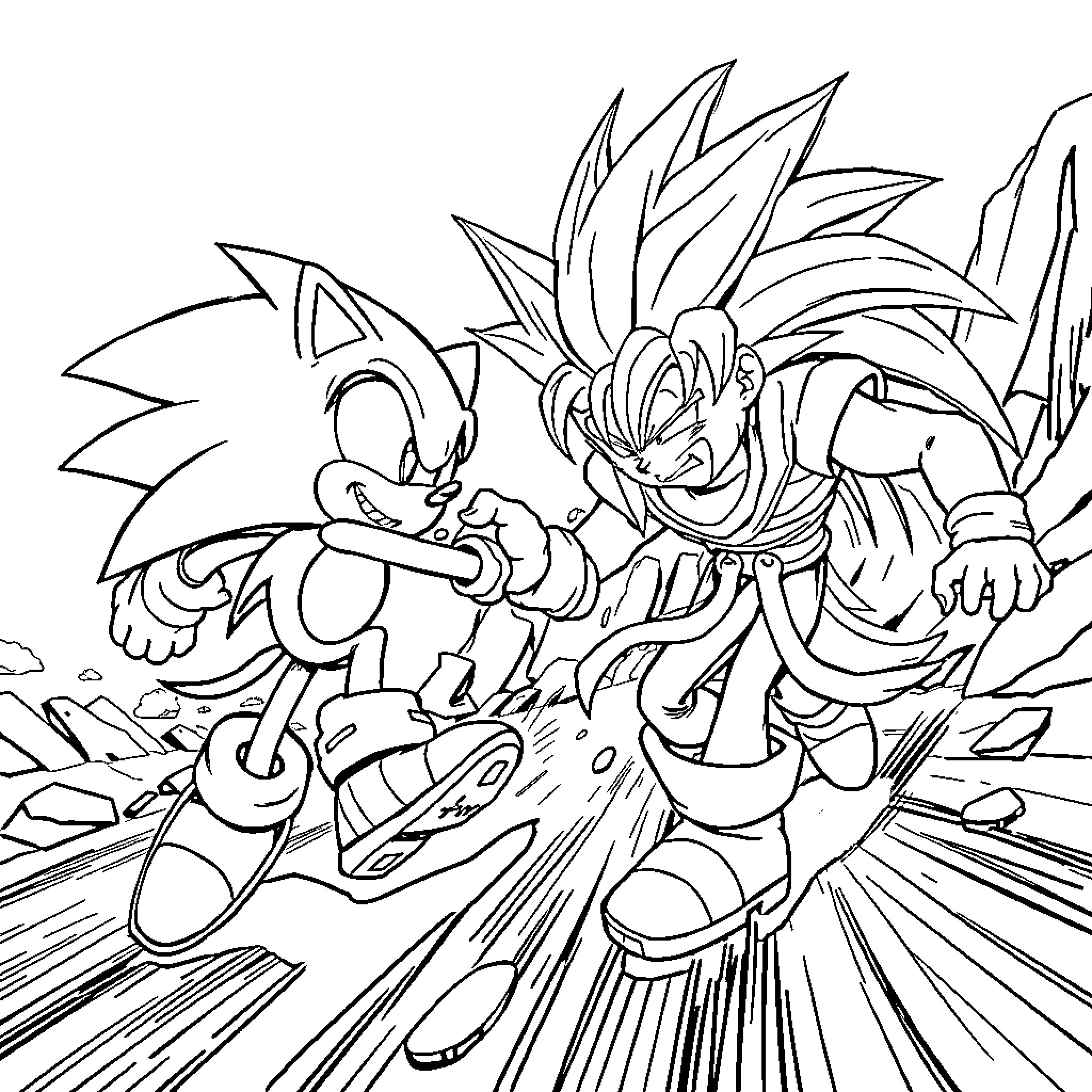 Sonic characters engaged in dynamic action Coloring Page (free black-and-white line drawing printable PDF for all, from beginners to advanced learners, including children, teens, adults, and seniors)