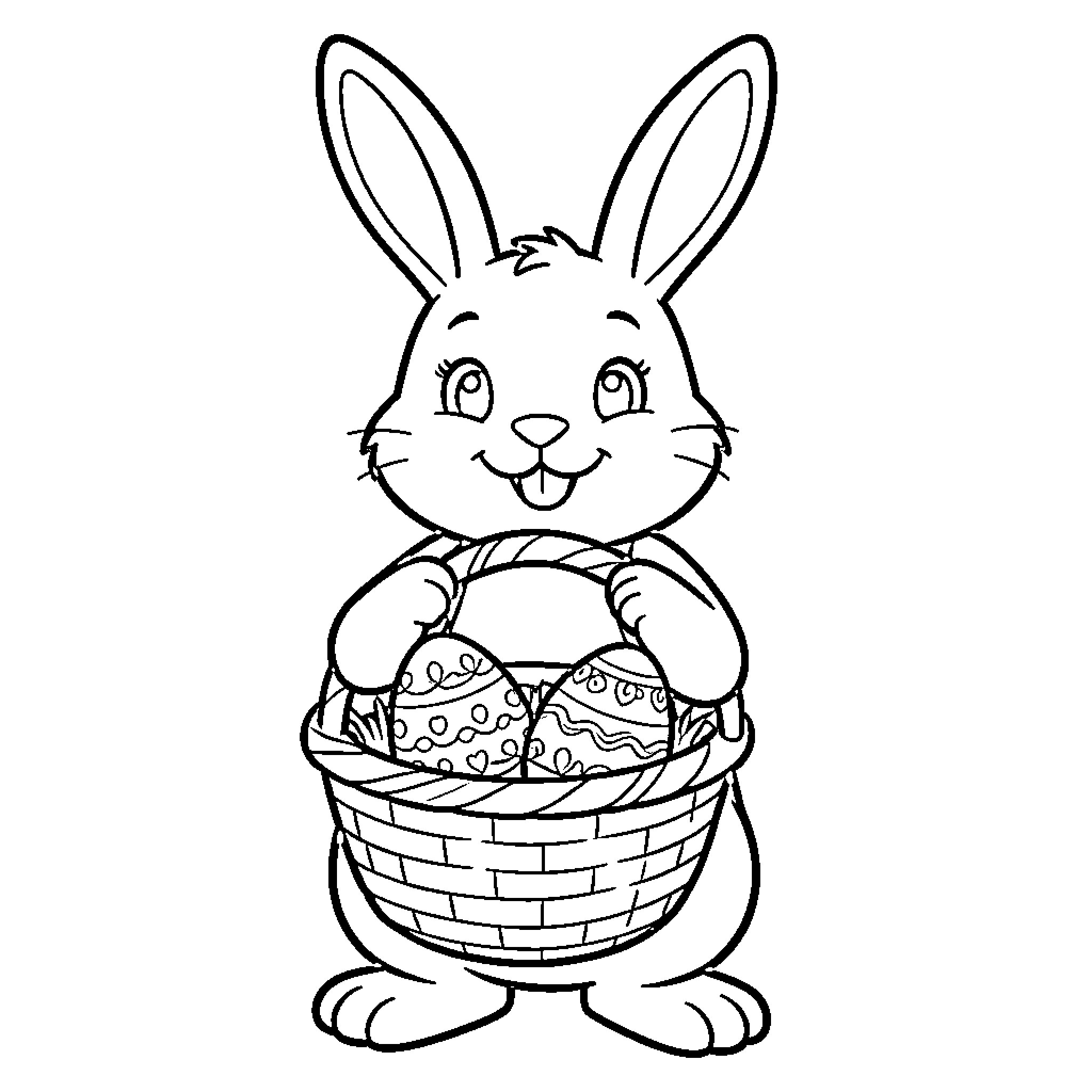 Easter Bunny carrying a basket of decorated eggs Coloring Page (free black-and-white line drawing printable PDF for all, from beginners to advanced learners, including children, teens, adults, and seniors)