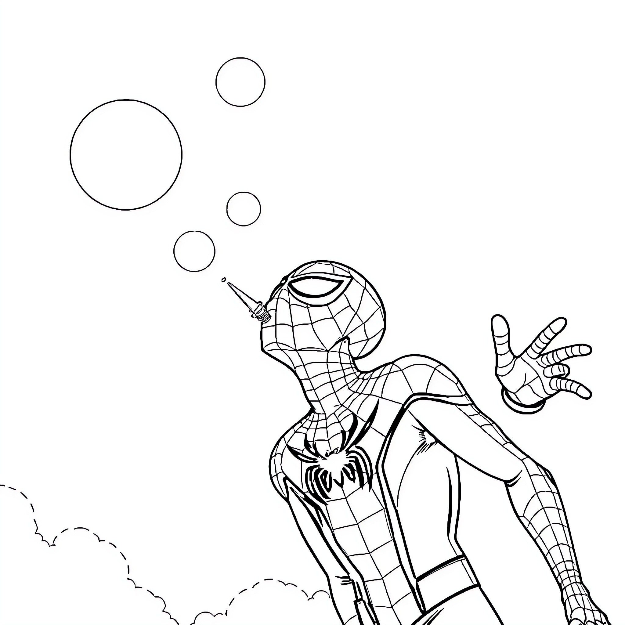 Spiderman swinging through the city with bubbles Coloring Page (free black-and-white line drawing printable PDF for all, from beginners to advanced learners, including children, teens, adults, and seniors)