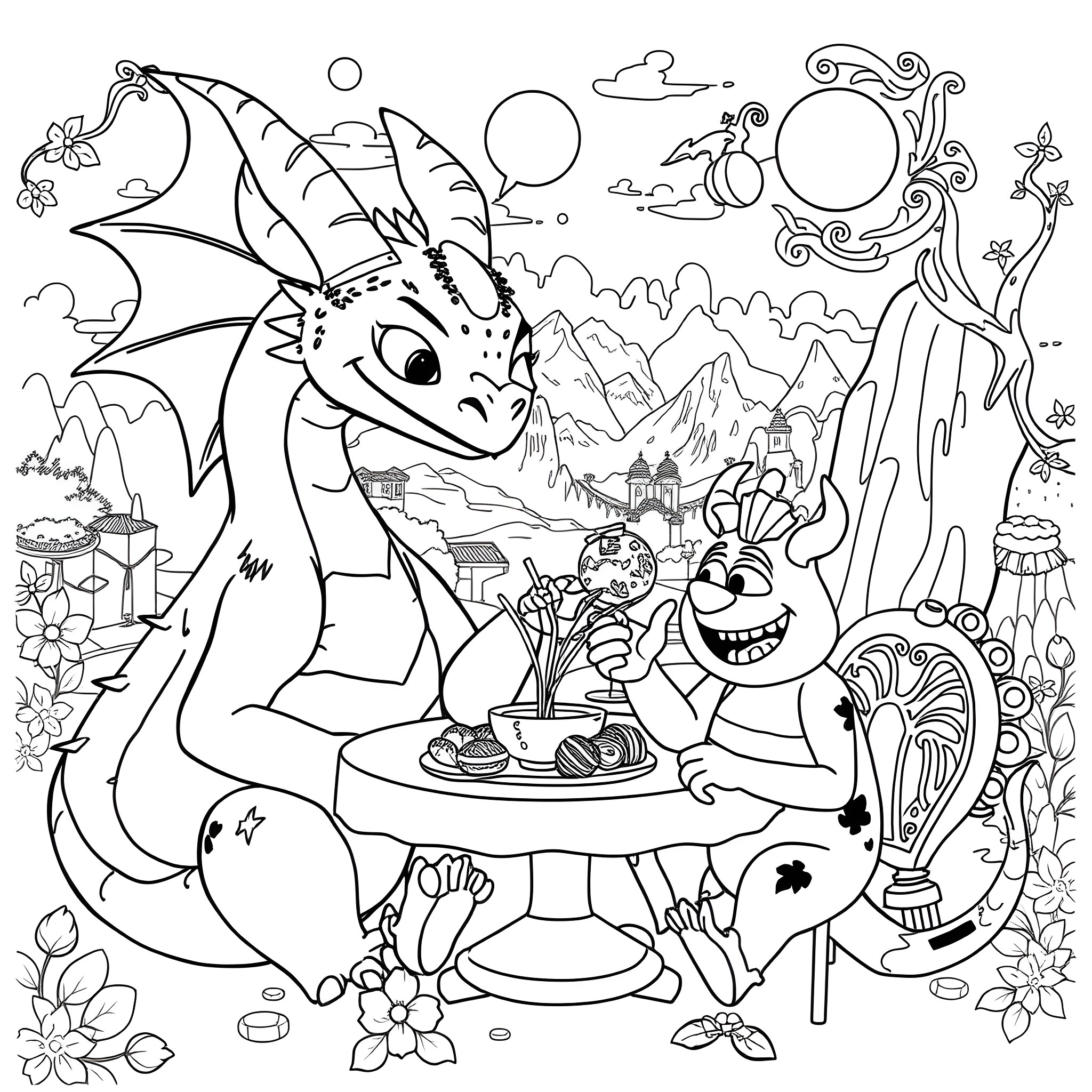 Dragon and fantasy creature enjoying tea in whimsical landscape Coloring Page (free black-and-white line drawing printable PDF for all, from beginners to advanced learners, including children, teens, adults, and seniors)