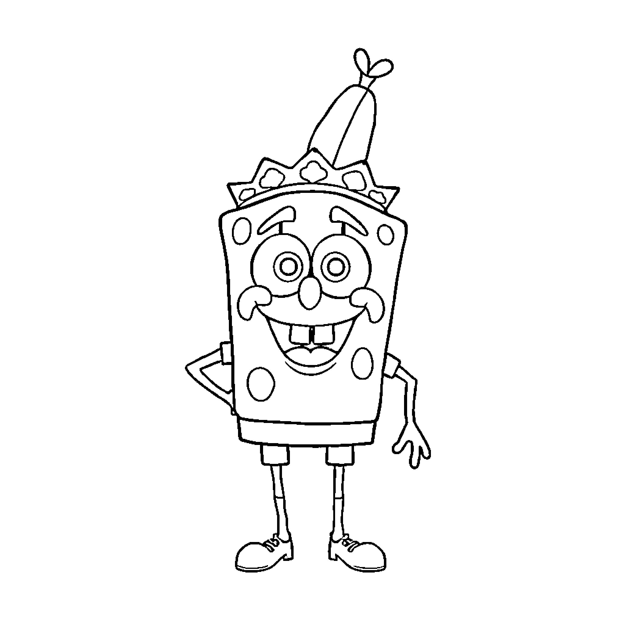 Bob esponja wearing a party hat and smiling Coloring Page (free black-and-white line drawing printable PDF for all, from beginners to advanced learners, including children, teens, adults, and seniors)