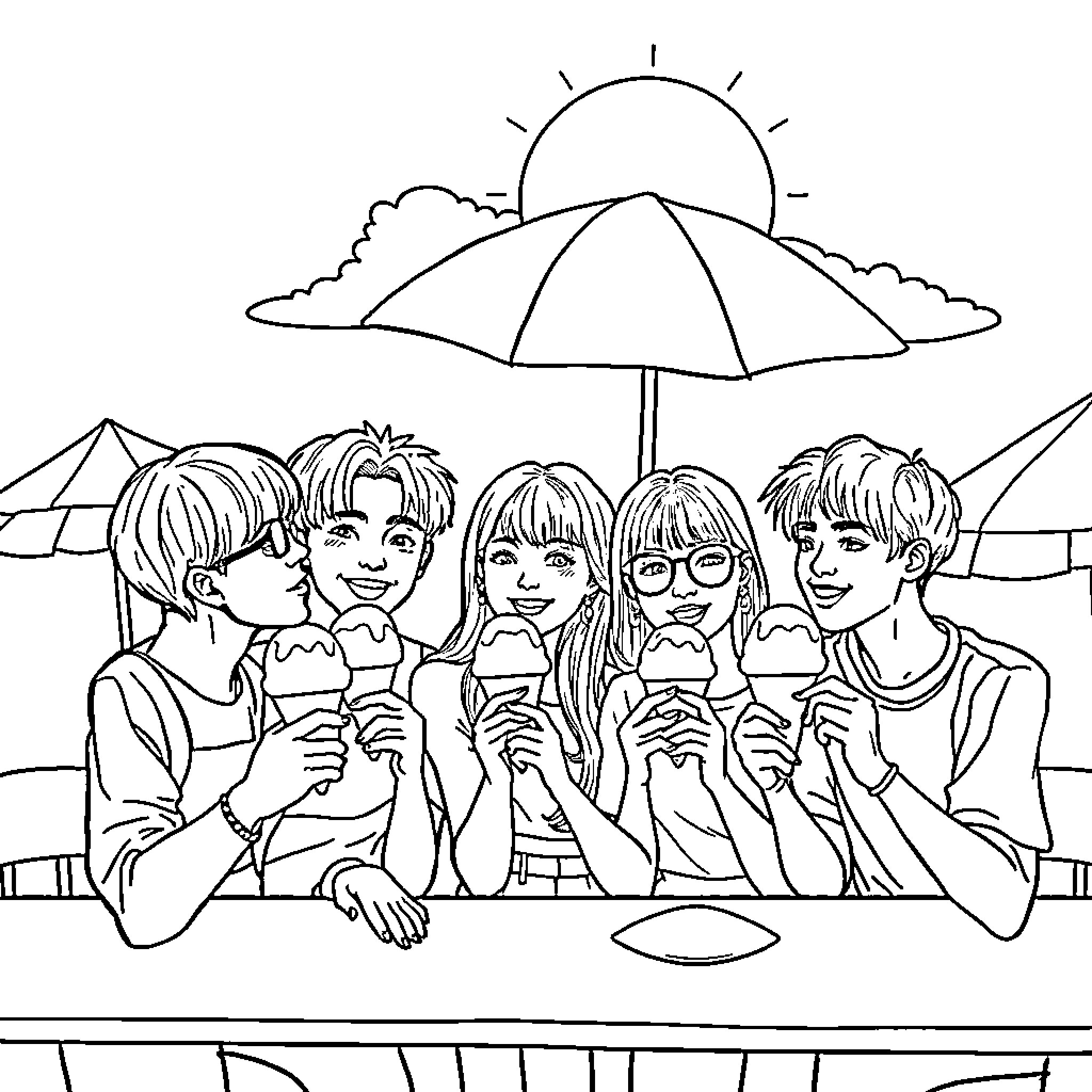 Kpop Idols Enjoying Summer at the Beach Coloring Page (free black-and-white line drawing printable PDF for all, from beginners to advanced learners, including children, teens, adults, and seniors)