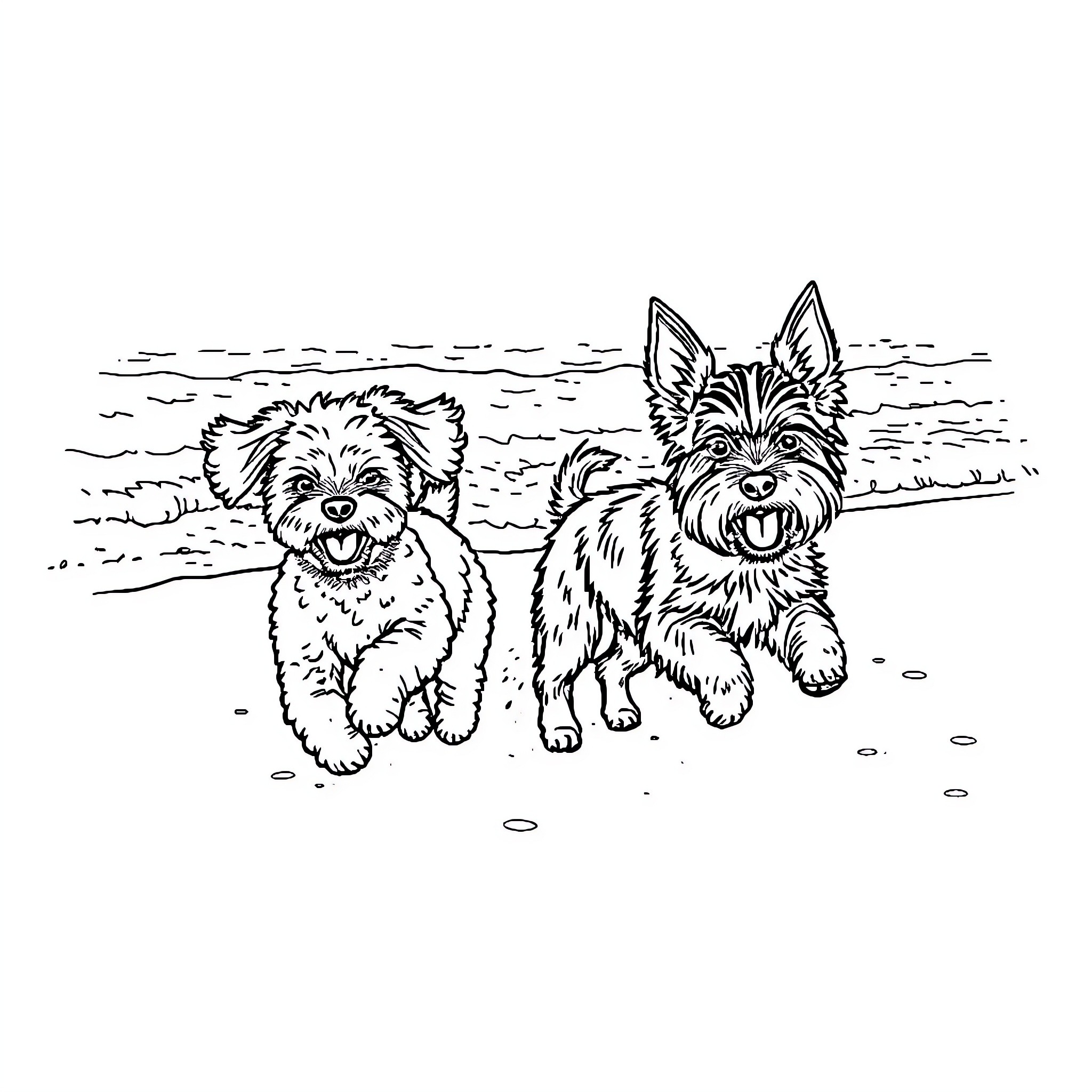 Poodle companions frolicking on the beach Coloring Page (free black-and-white line drawing printable PDF for all, from beginners to advanced learners, including children, teens, adults, and seniors)