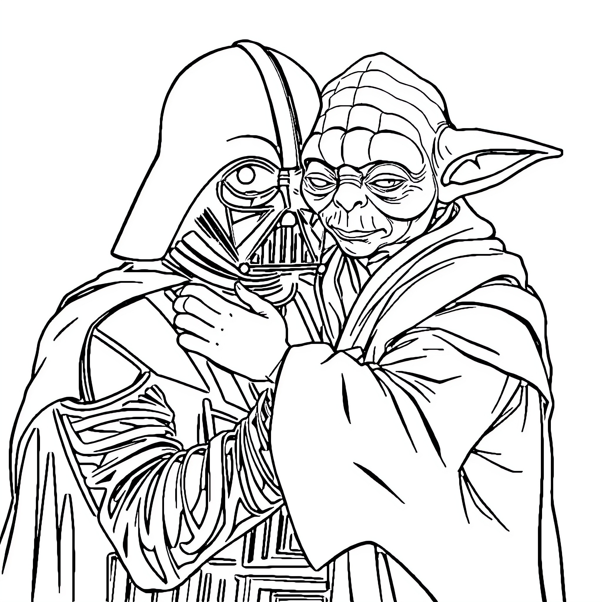 Daryl Vader and Yoda's Mysterious Encounter Coloring Page (free black-and-white line drawing printable PDF for all, from beginners to advanced learners, including children, teens, adults, and seniors)