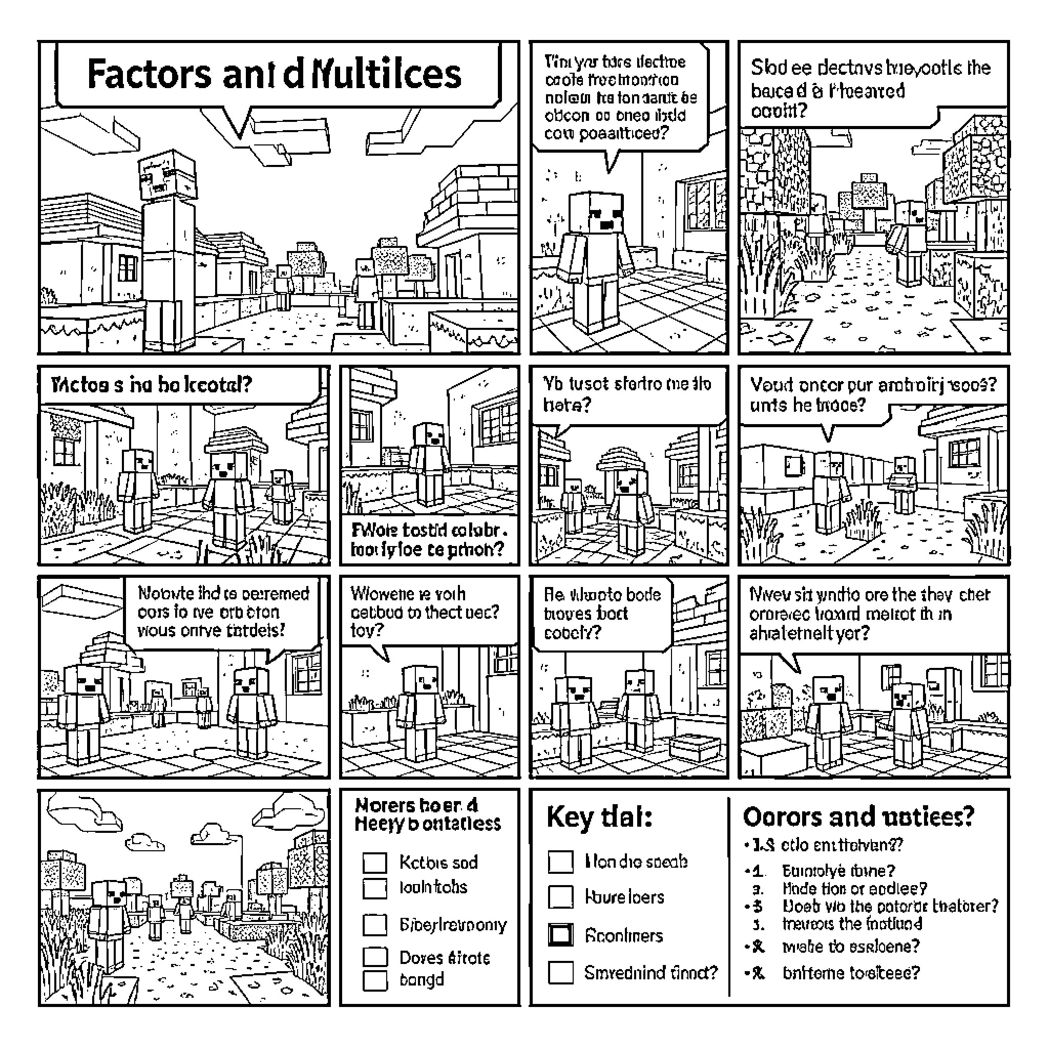 Minecraft characters interacting in a village comic strip Coloring Page (free black-and-white line drawing printable PDF for all, from beginners to advanced learners, including children, teens, adults, and seniors)