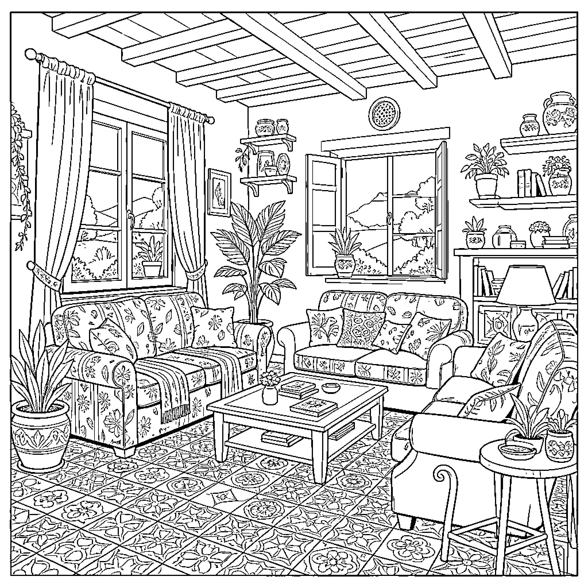 House with cozy living room and indoor plants Coloring Page (free black-and-white line drawing printable PDF for all, from beginners to advanced learners, including children, teens, adults, and seniors)