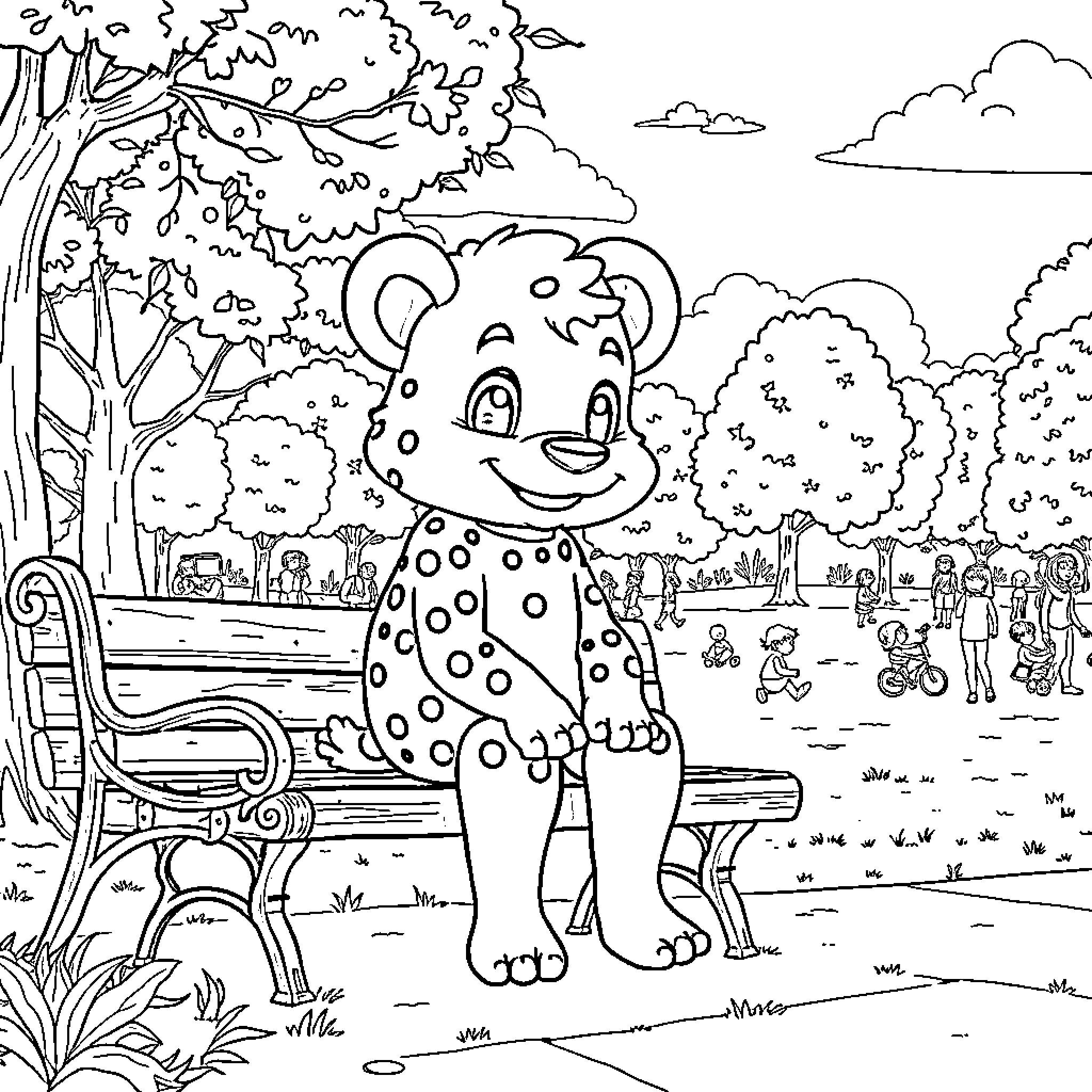 Labubu's Polka Dot Adventure in the Park Coloring Page (free black-and-white line drawing printable PDF for all, from beginners to advanced learners, including children, teens, adults, and seniors)