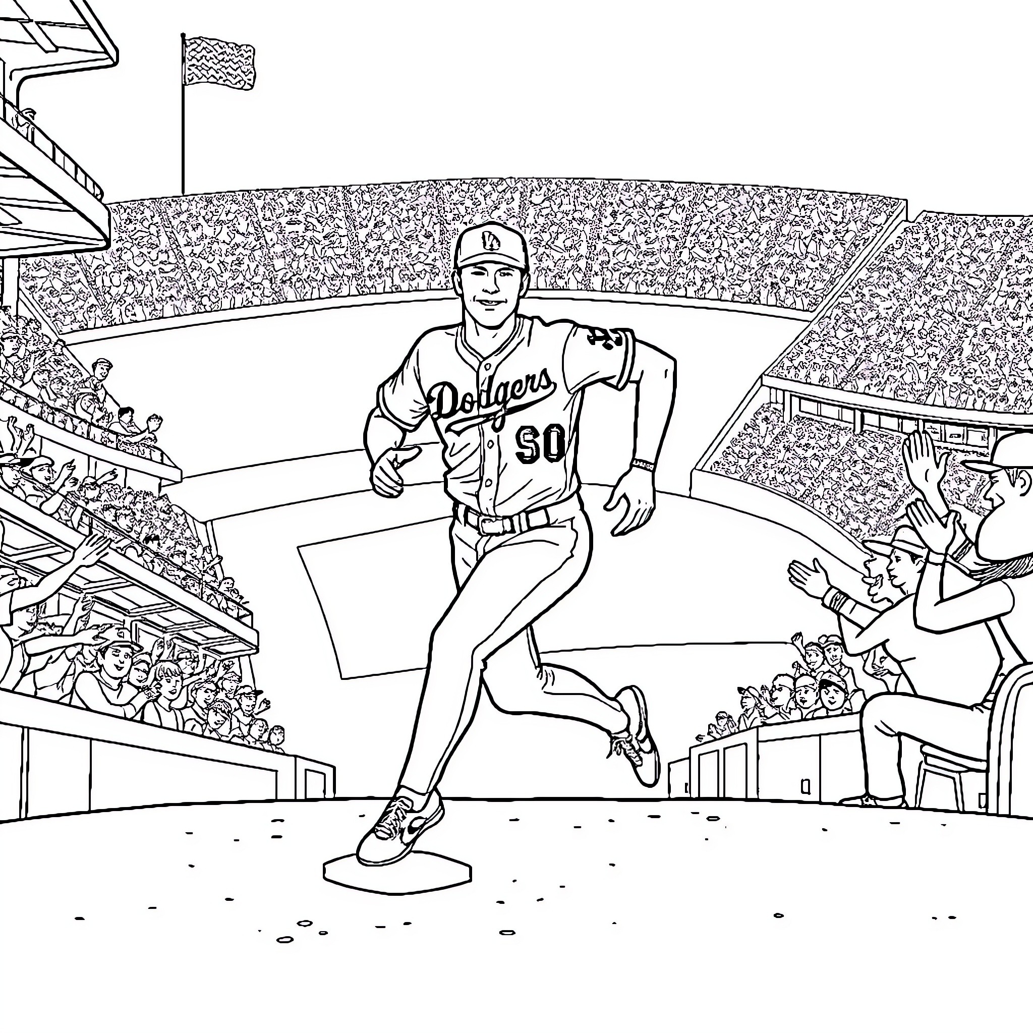 Baseball Player in Action on the Field Coloring Page (free black-and-white line drawing printable PDF for all, from beginners to advanced learners, including children, teens, adults, and seniors)