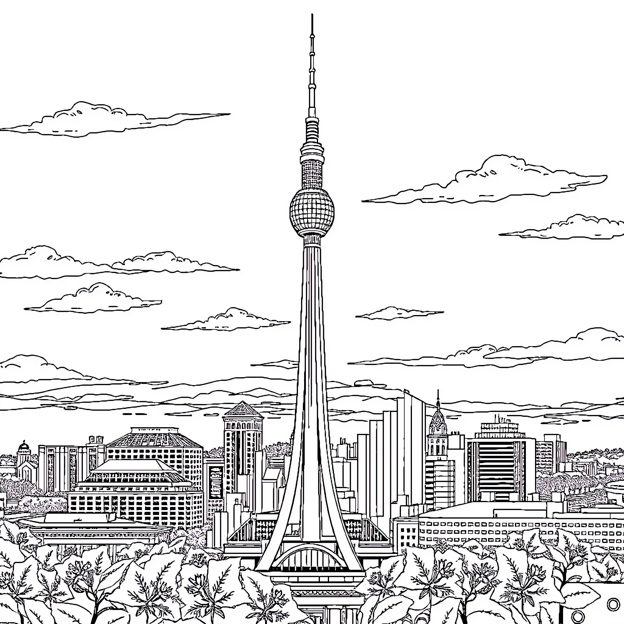 Berliner Fernsehturm overlooking the cityscape Coloring Page (free black-and-white line drawing printable PDF for all, from beginners to advanced learners, including children, teens, adults, and seniors)