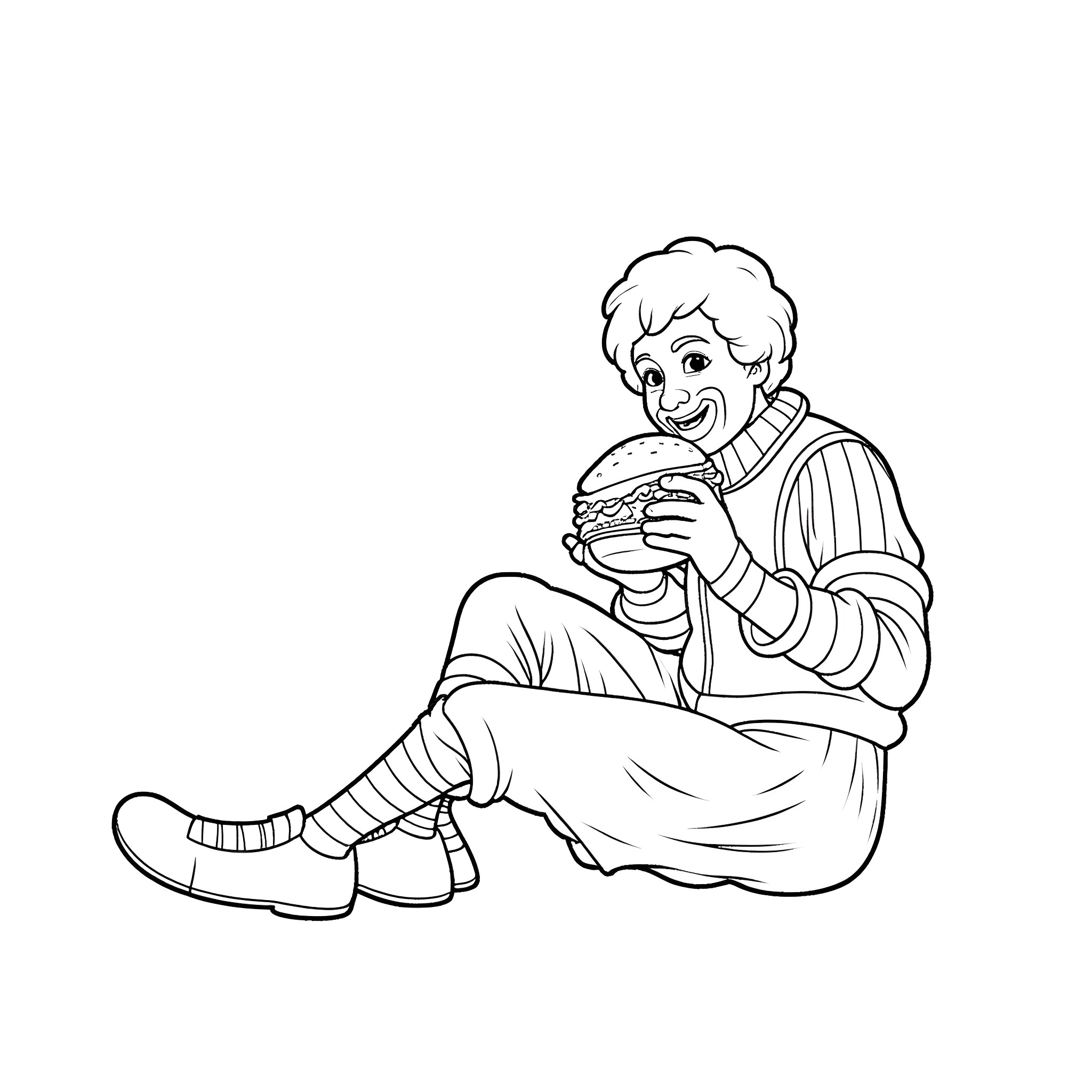 Ronald McDonald enjoying a delicious burger Coloring Page (free black-and-white line drawing printable PDF for all, from beginners to advanced learners, including children, teens, adults, and seniors)