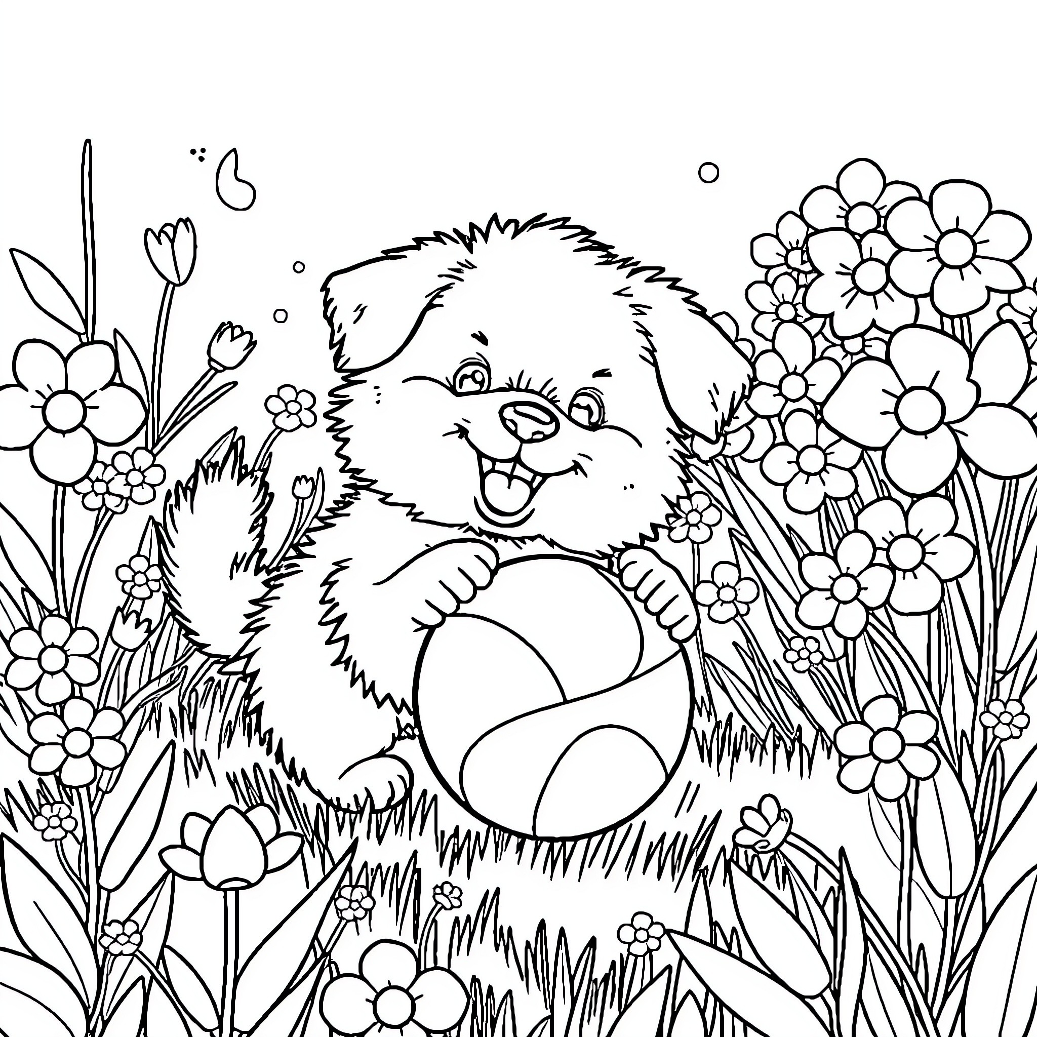 Animal sitting in the floral field Coloring Page (free black-and-white line drawing printable PDF for all, from beginners to advanced learners, including children, teens, adults, and seniors)