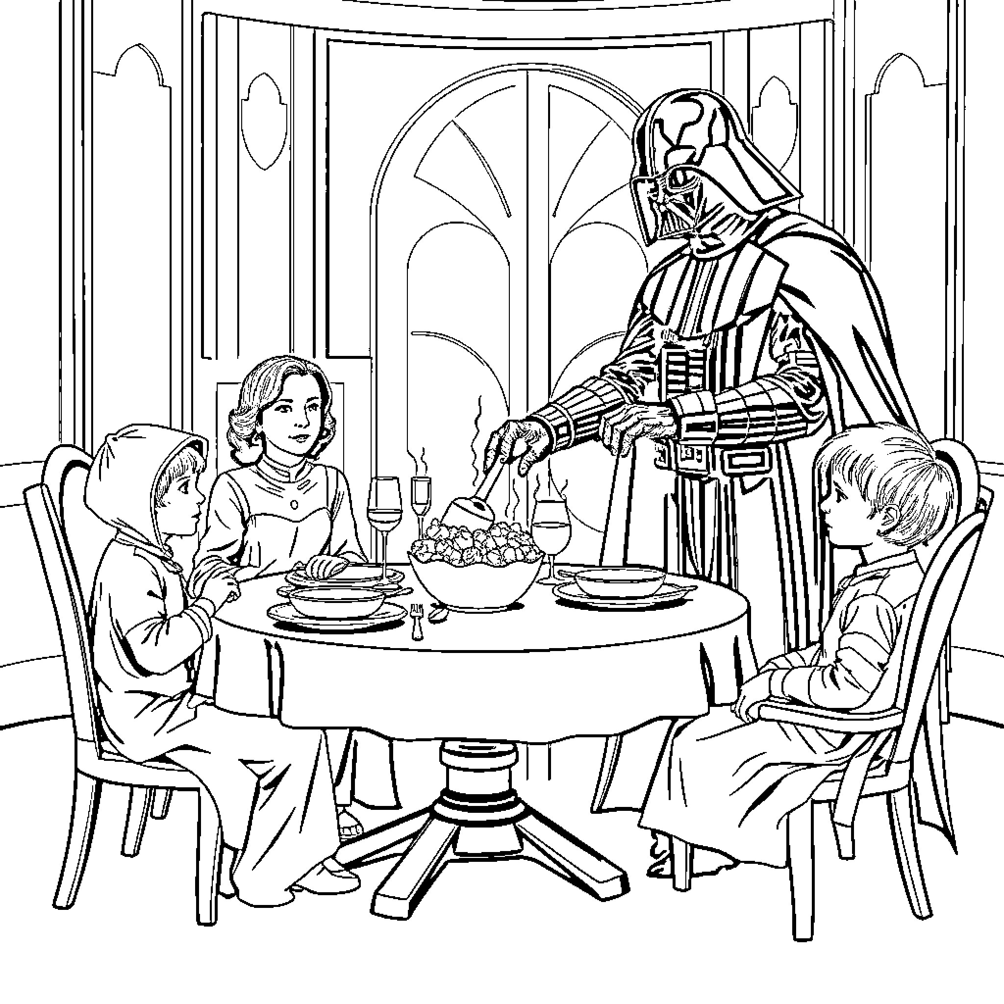 Darth Vader Joins Family for Dinner Coloring Page (free black-and-white line drawing printable PDF for all, from beginners to advanced learners, including children, teens, adults, and seniors)