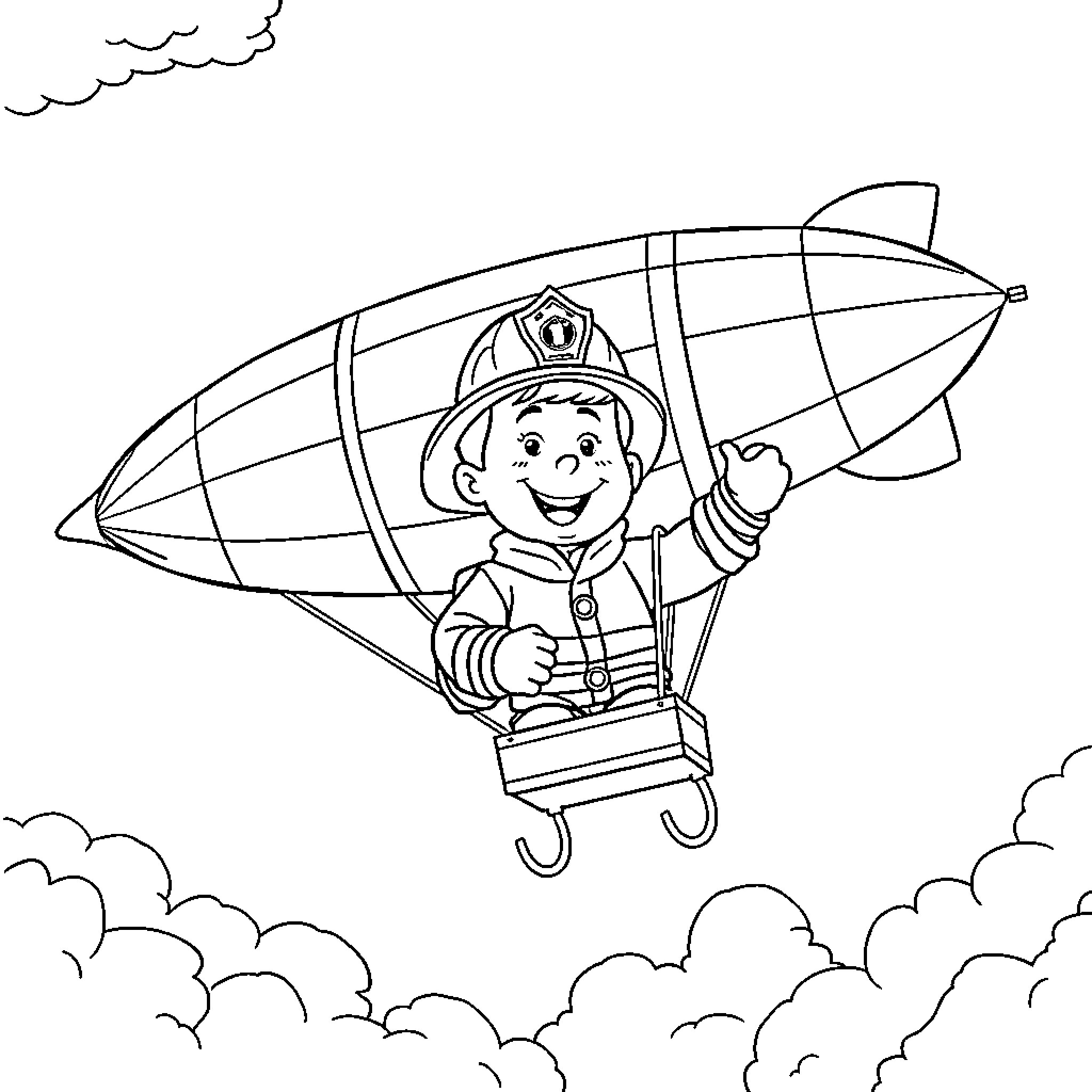 Fireman Sam flying a zeppelin in the sky Coloring Page (free black-and-white line drawing printable PDF for all, from beginners to advanced learners, including children, teens, adults, and seniors)