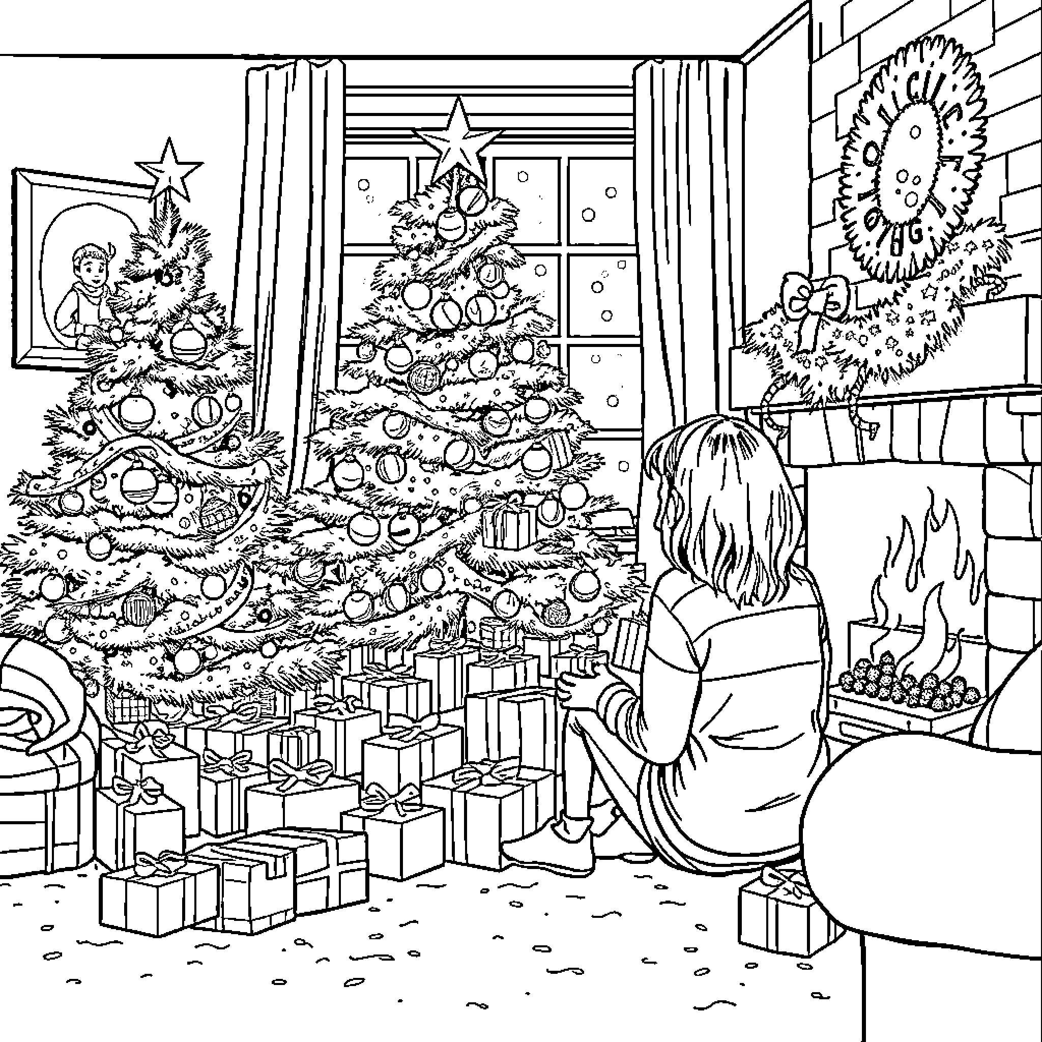 Stranger Things: Festive Scene with Decorated Tree and Presents Coloring Page (free black-and-white line drawing printable PDF for all, from beginners to advanced learners, including children, teens, adults, and seniors)