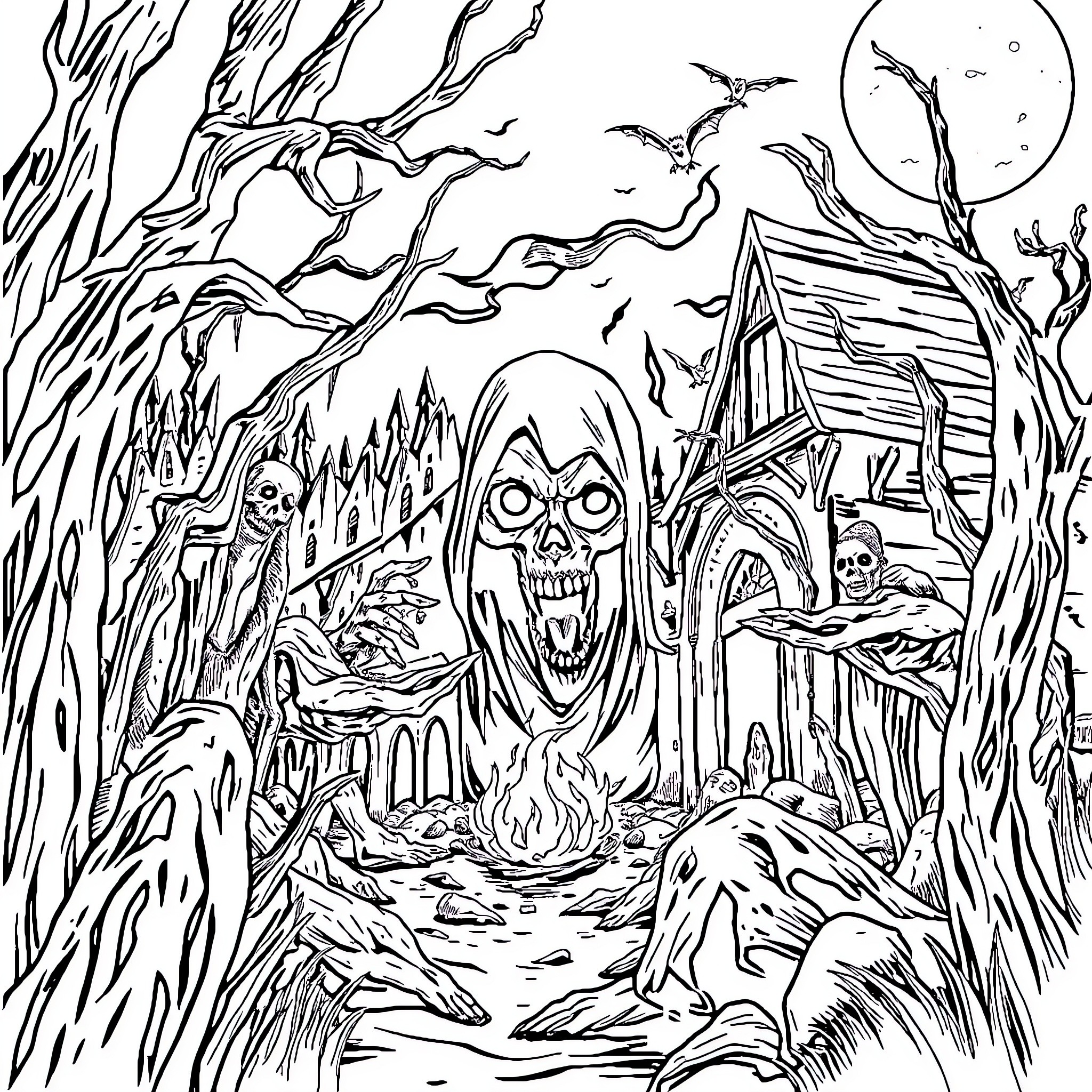 Horror in the Haunted Forest Coloring Page (free black-and-white line drawing printable PDF for all, from beginners to advanced learners, including children, teens, adults, and seniors)