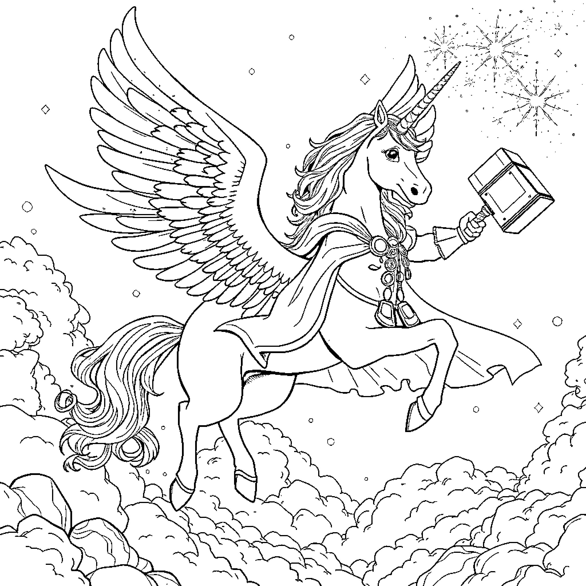 Unicorn soaring through the magical skies with a hammer Coloring Page (free black-and-white line drawing printable PDF for all, from beginners to advanced learners, including children, teens, adults, and seniors)