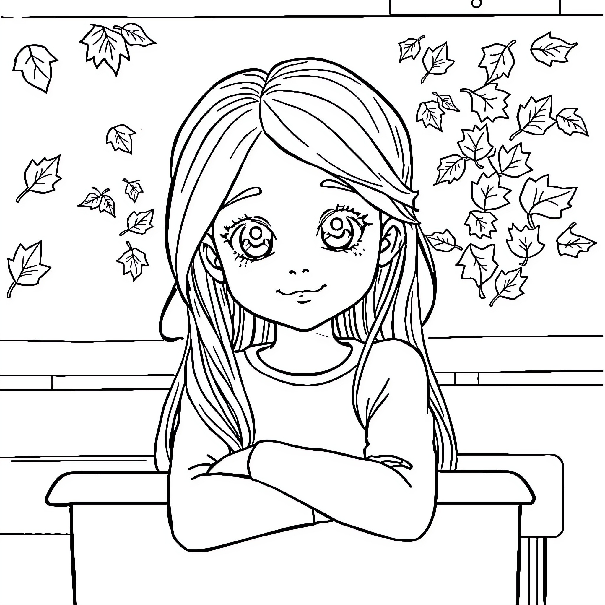 Fille sitting in classroom with autumn leaves Coloring Page (free black-and-white line drawing printable PDF for all, from beginners to advanced learners, including children, teens, adults, and seniors)