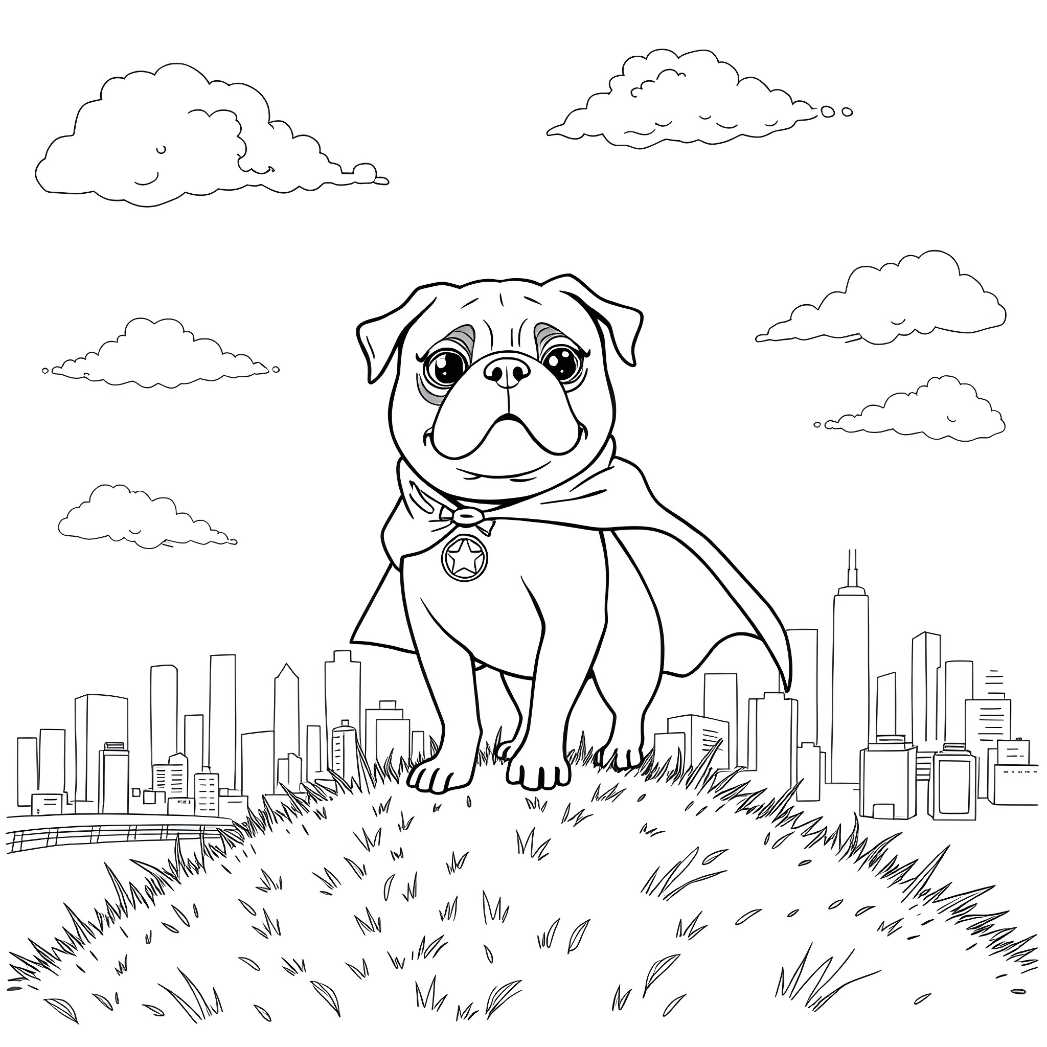 Pug in a Superhero Outfit Overlooking the City Coloring Page (free black-and-white line drawing printable PDF for all, from beginners to advanced learners, including children, teens, adults, and seniors)