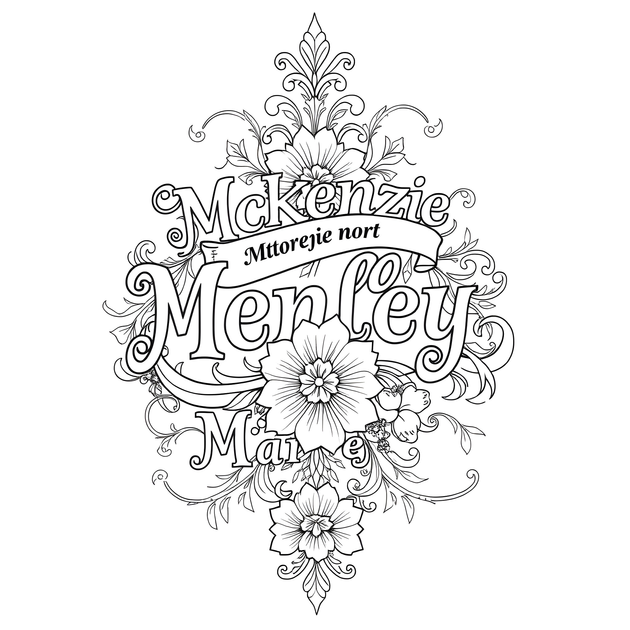 Tattoo of a Decorative Name and Floral Design Coloring Page (free black-and-white line drawing printable PDF for all, from beginners to advanced learners, including children, teens, adults, and seniors)