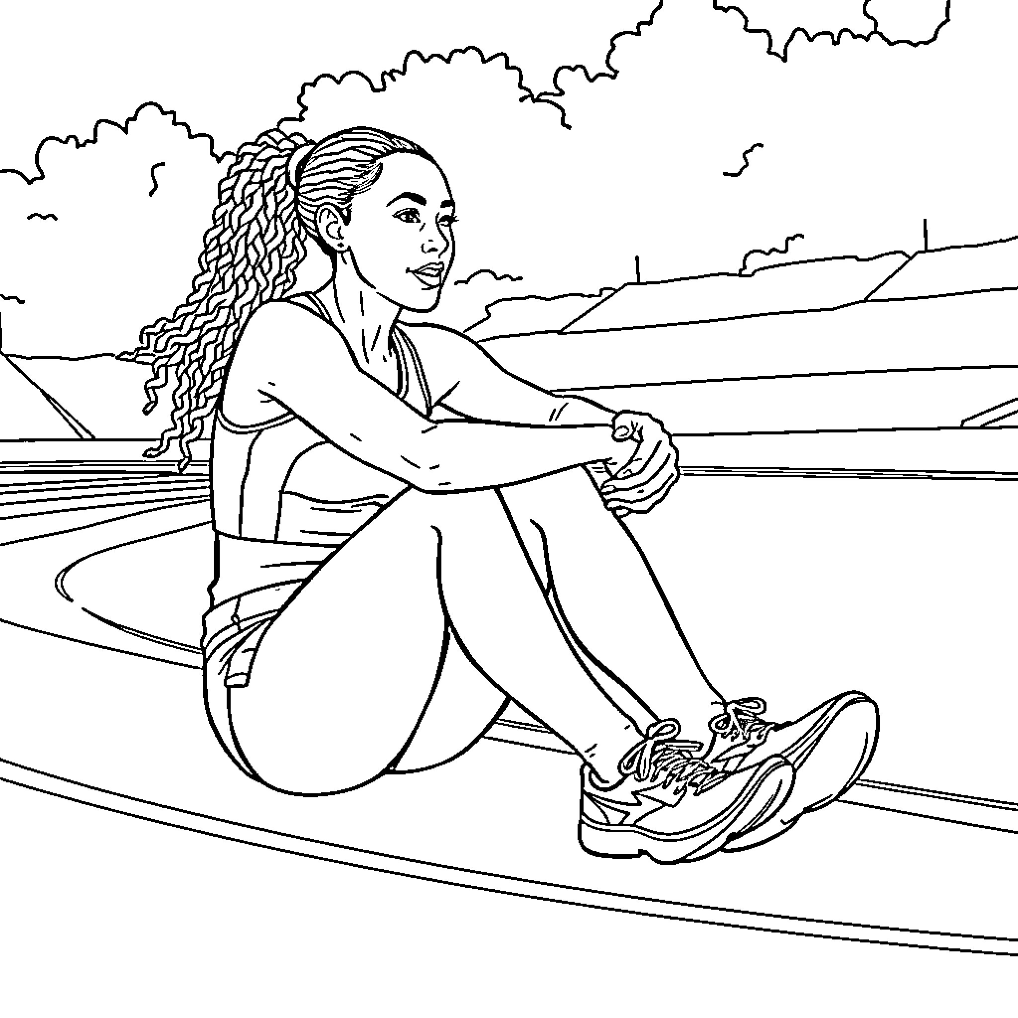 Lolo Jones taking a break on the track Coloring Page (free black-and-white line drawing printable PDF for all, from beginners to advanced learners, including children, teens, adults, and seniors)