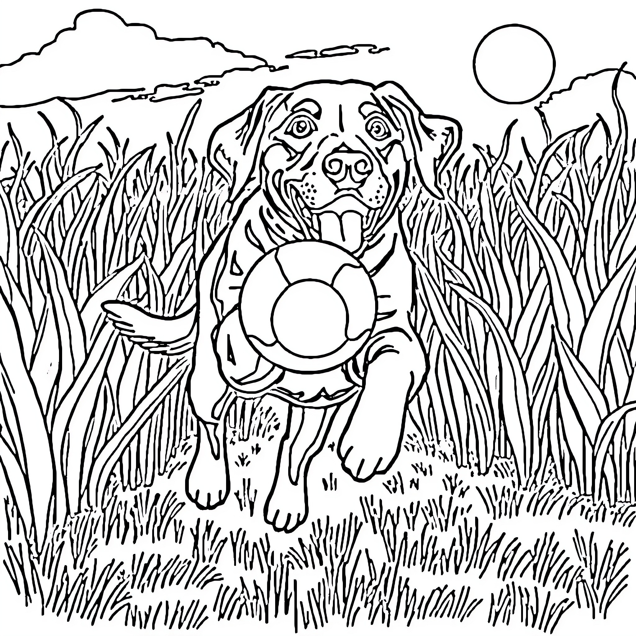 Labrador playing happily with ball in the field Coloring Page (free black-and-white line drawing printable PDF for all, from beginners to advanced learners, including children, teens, adults, and seniors)
